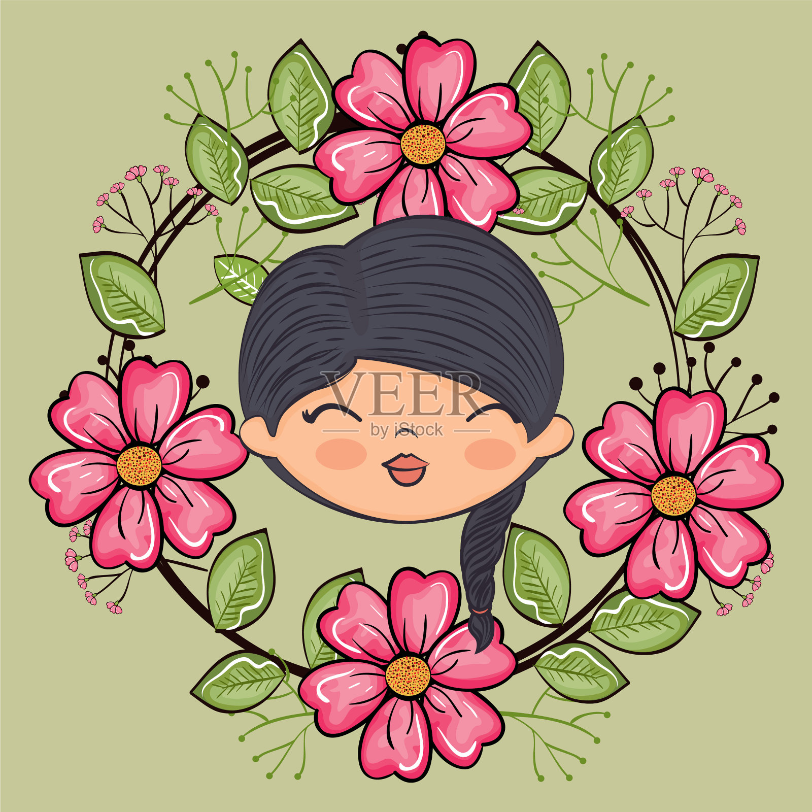 可爱的女孩头像与花卉框架插画图片素材