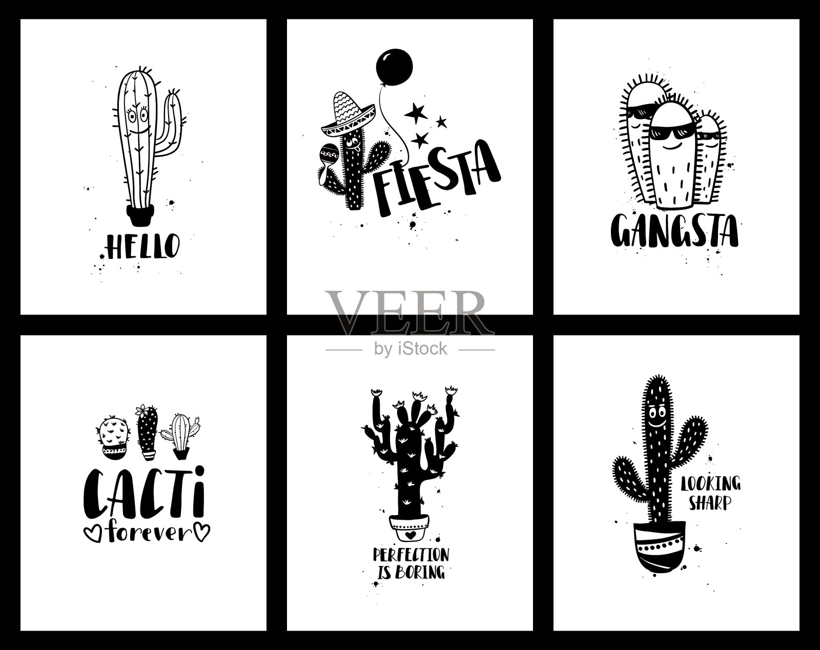 一组有趣的仙人掌卡片和字母插画图片素材