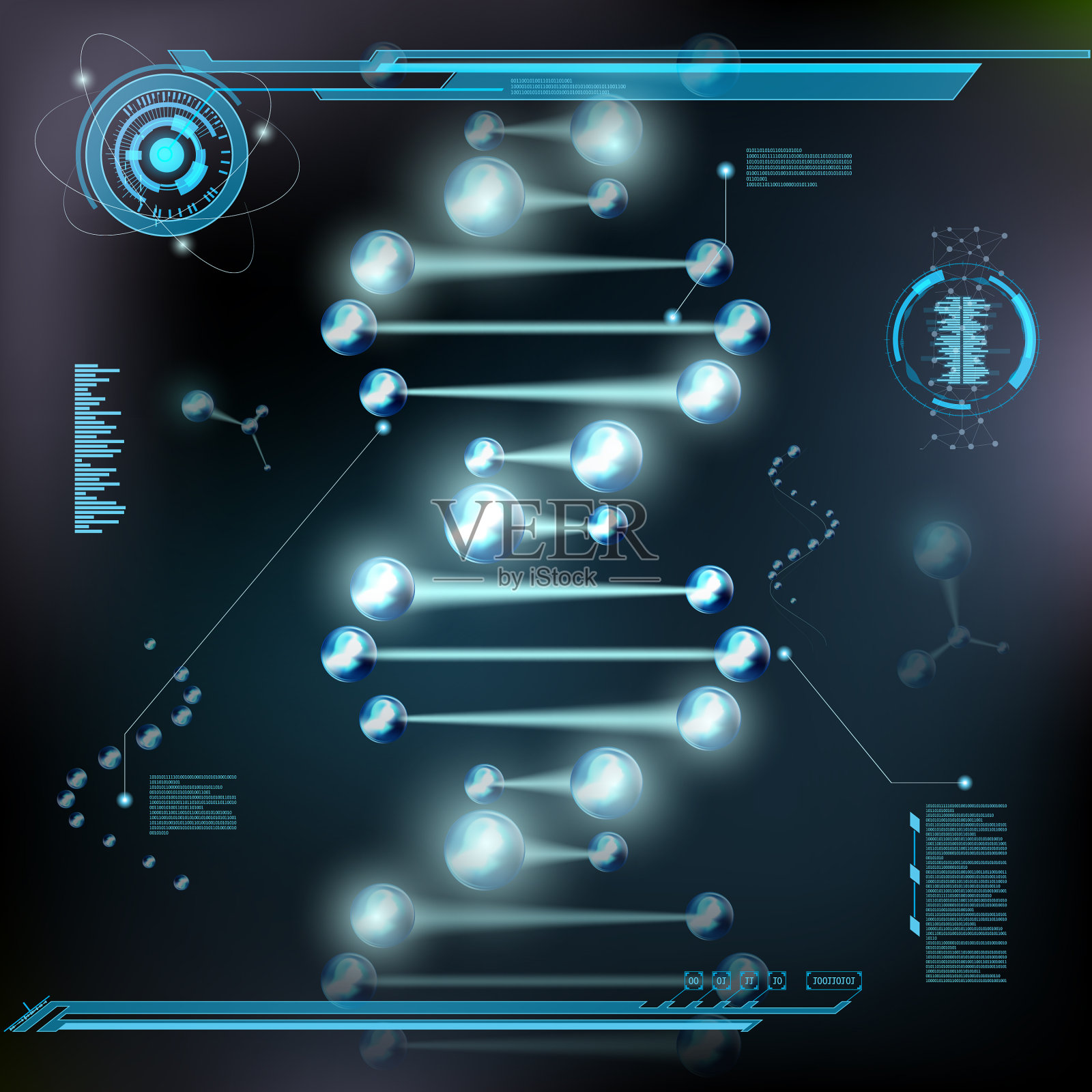 显微镜下的螺旋DNA分子和原子插画图片素材
