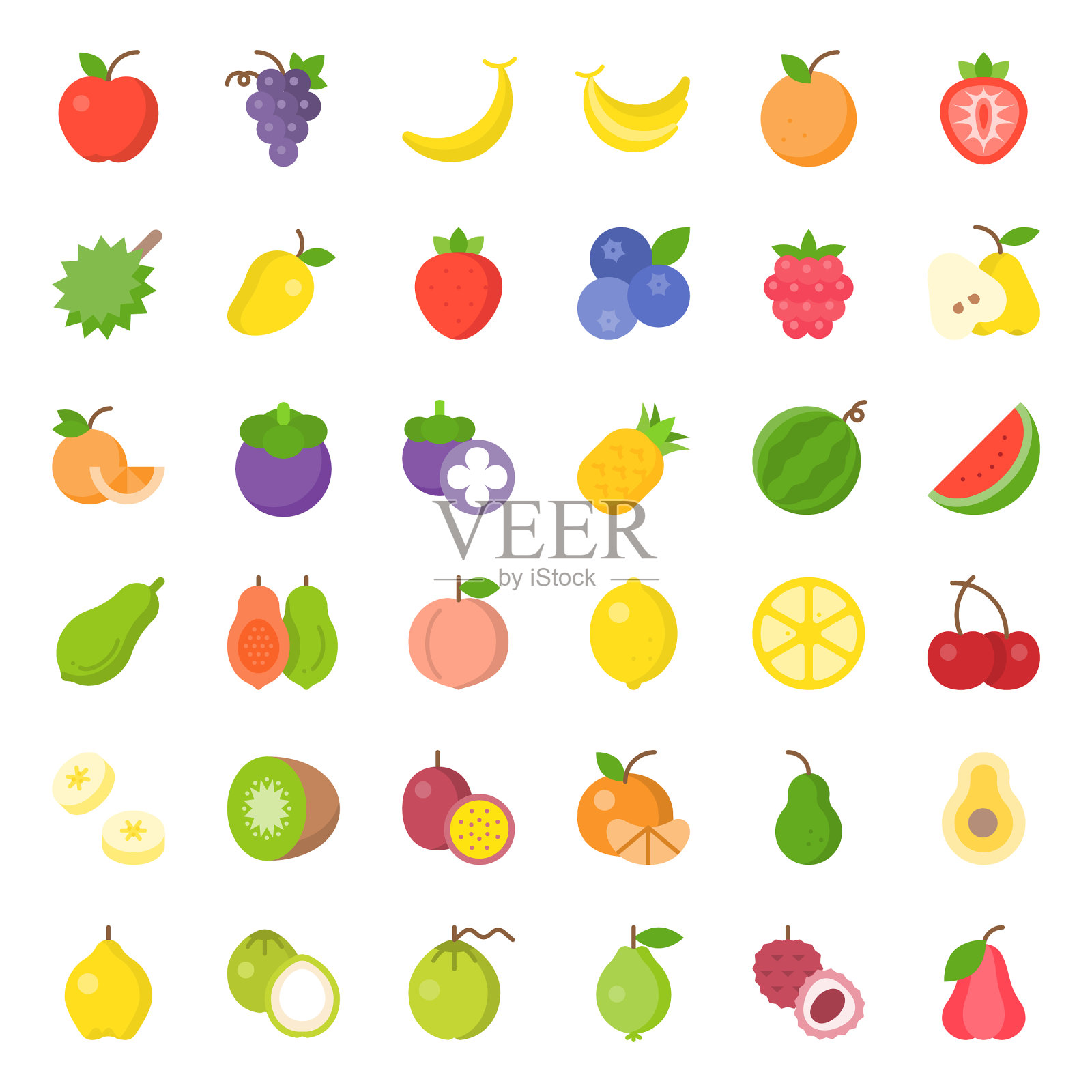 可爱的水果平面图标设置，如橘猕猴桃图标素材