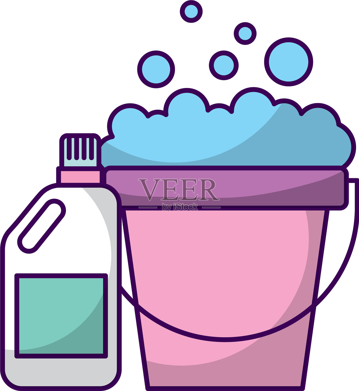 洗衣桶和洗涤剂瓶插画图片素材