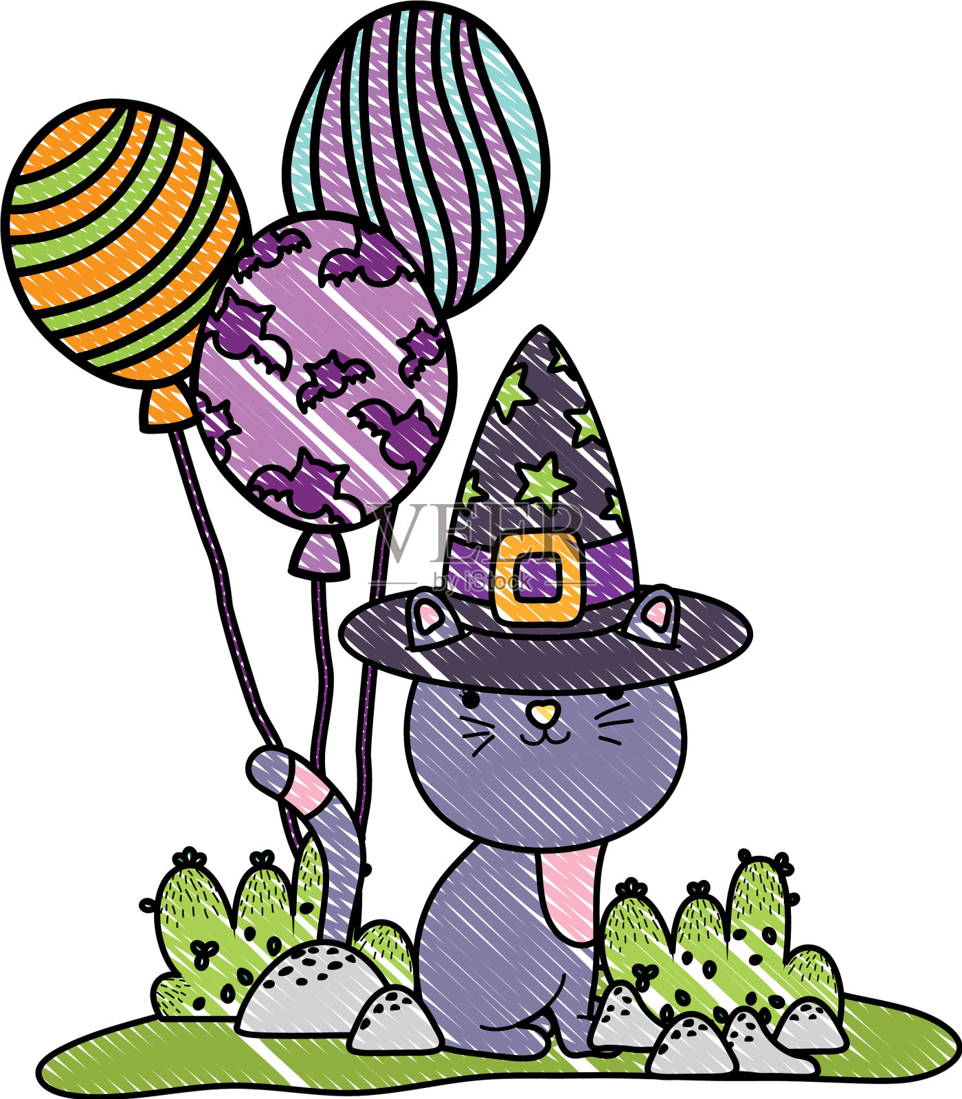磨碎了一只戴着女巫帽和气球的猫设计元素图片