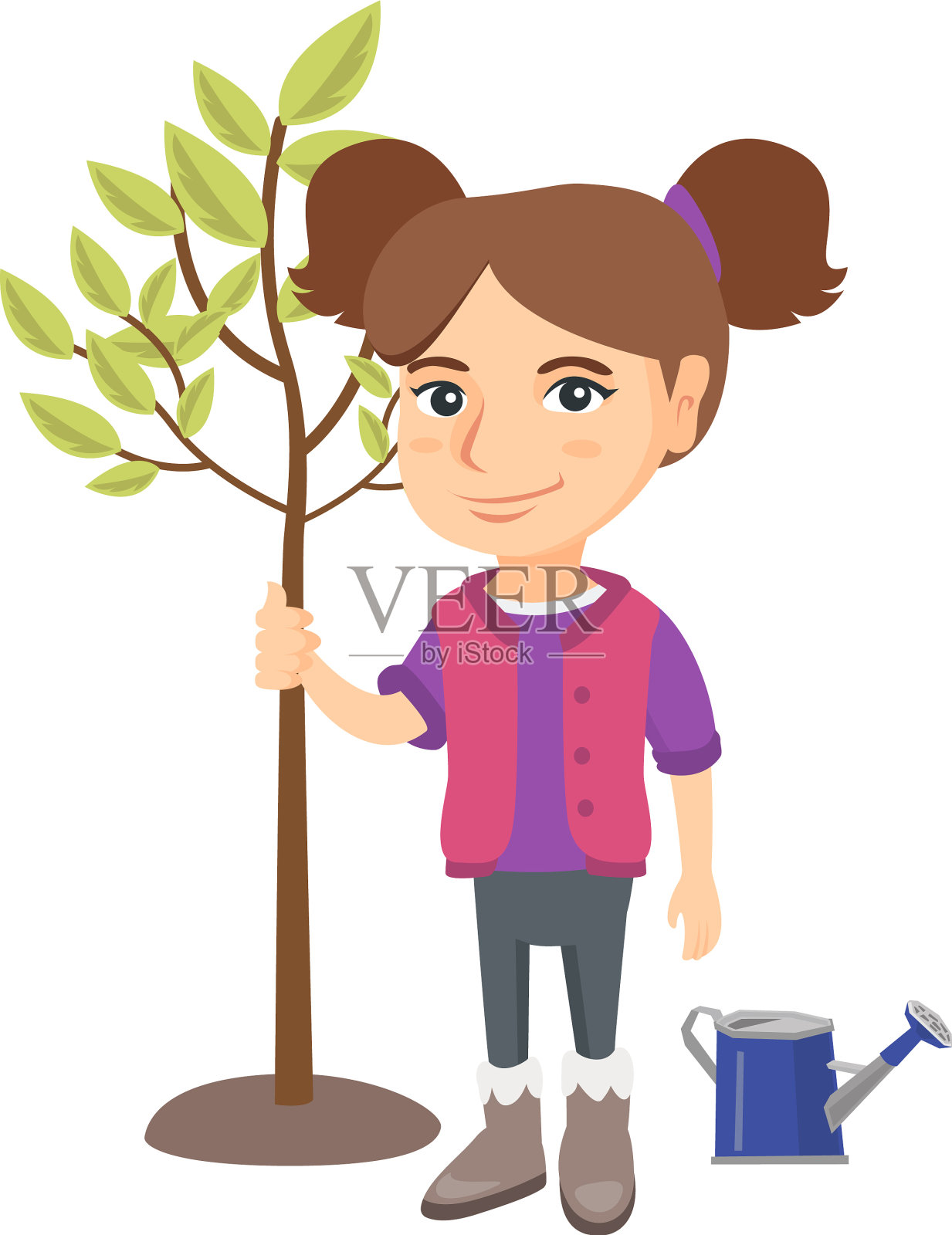 一个微笑的白人女孩在种树设计元素图片