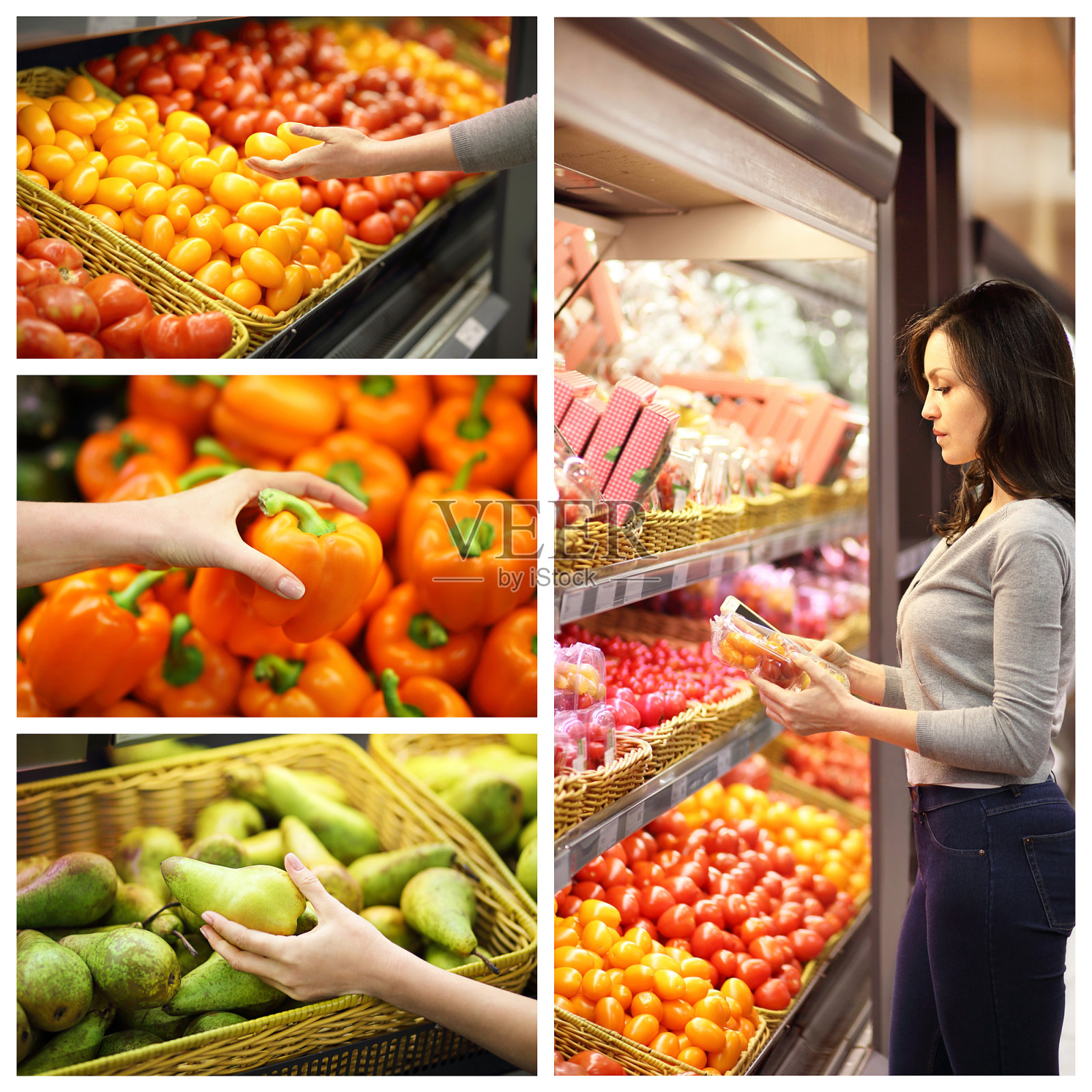 用女人和超市里选菜的女人的手拼贴。健康食品的概念，生物，素食，饮食照片摄影图片