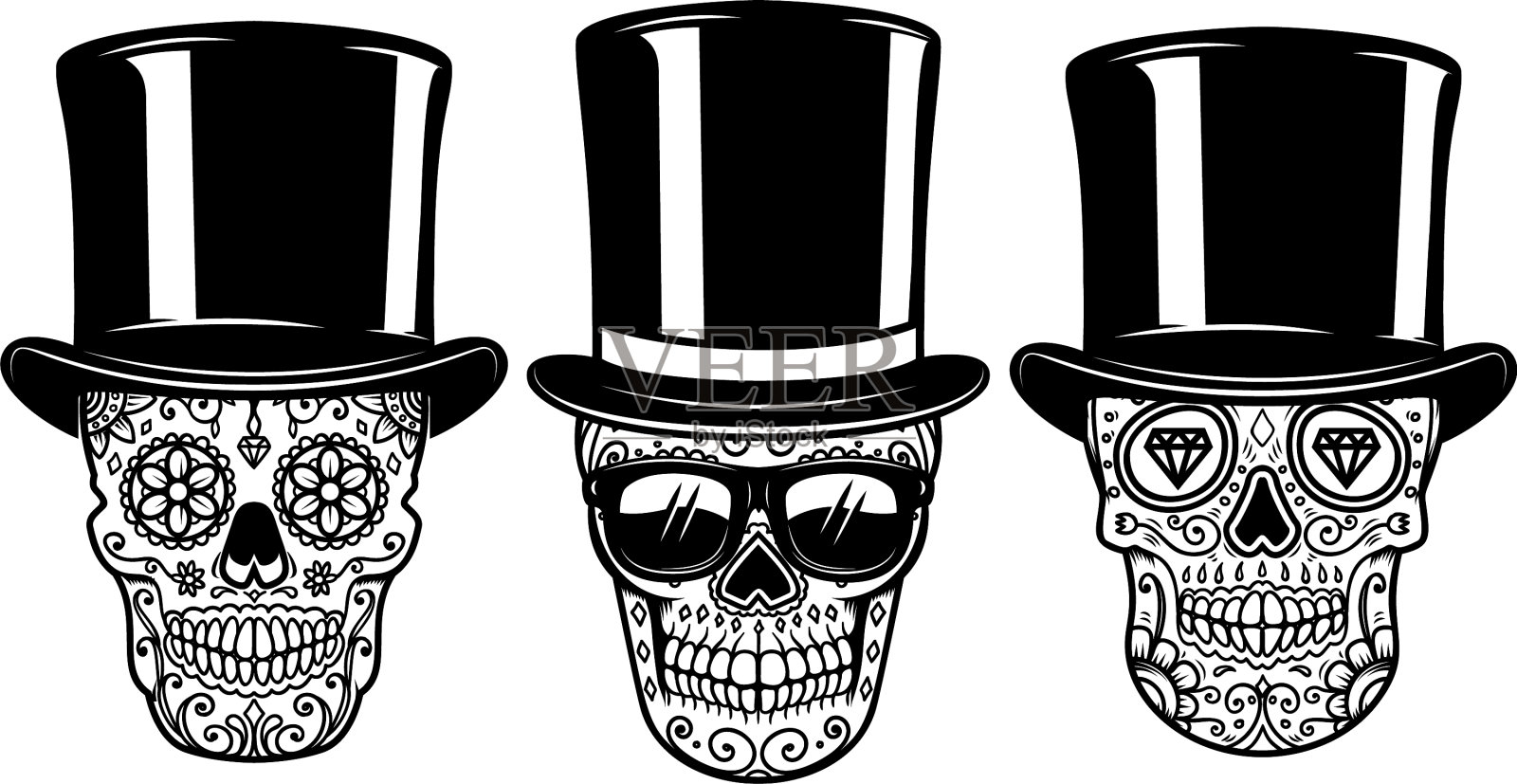 一套墨西哥糖头骨在复古的帽子和设计元素图片