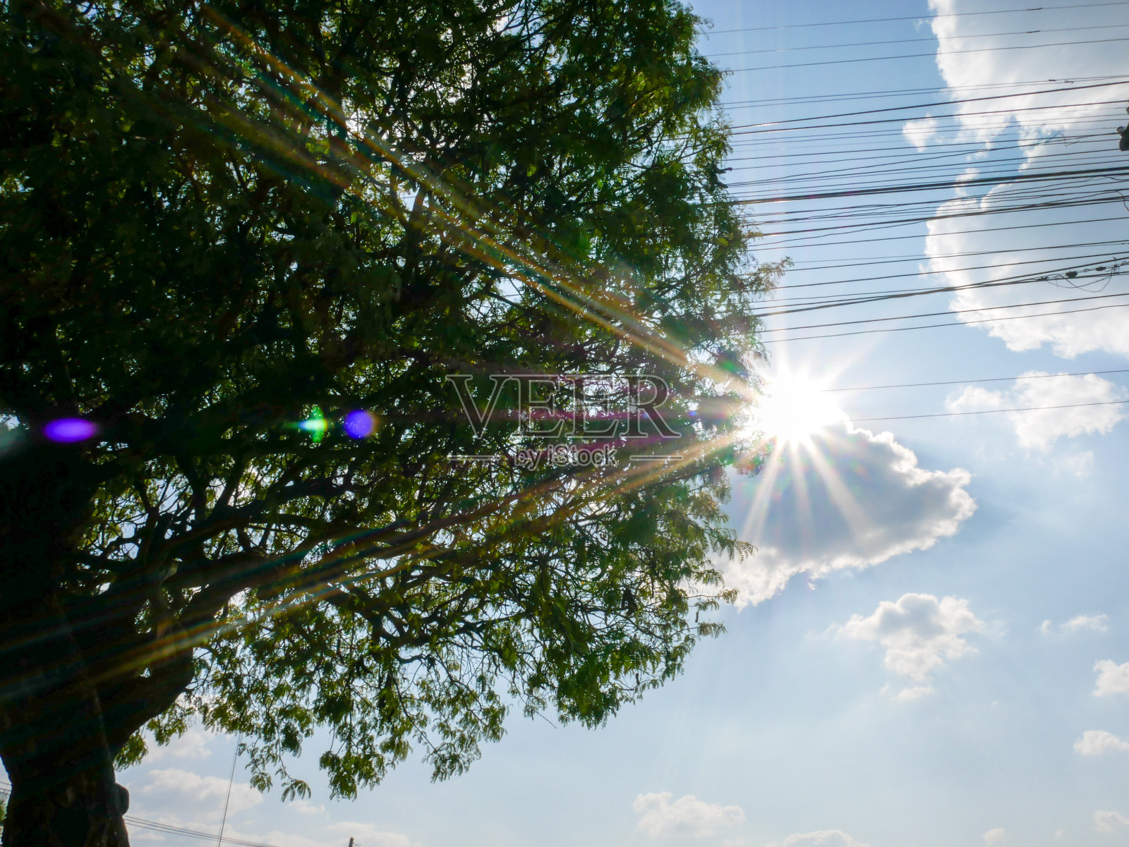 在阳光明媚的蓝天上，剪影电杆与高压电线相连。结构线、线、电。系统电力能源工业城市。电力电力危险高照片摄影图片