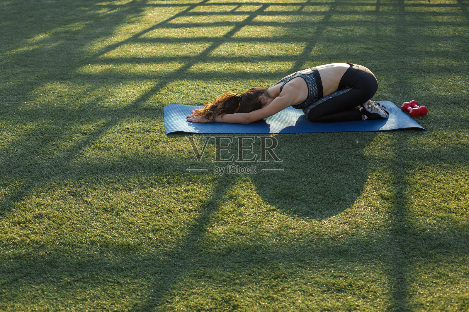 一个年轻苗条的运动女孩穿着印有蛇皮图案的运动服进行一套练习。健康的生活方式。照片摄影图片