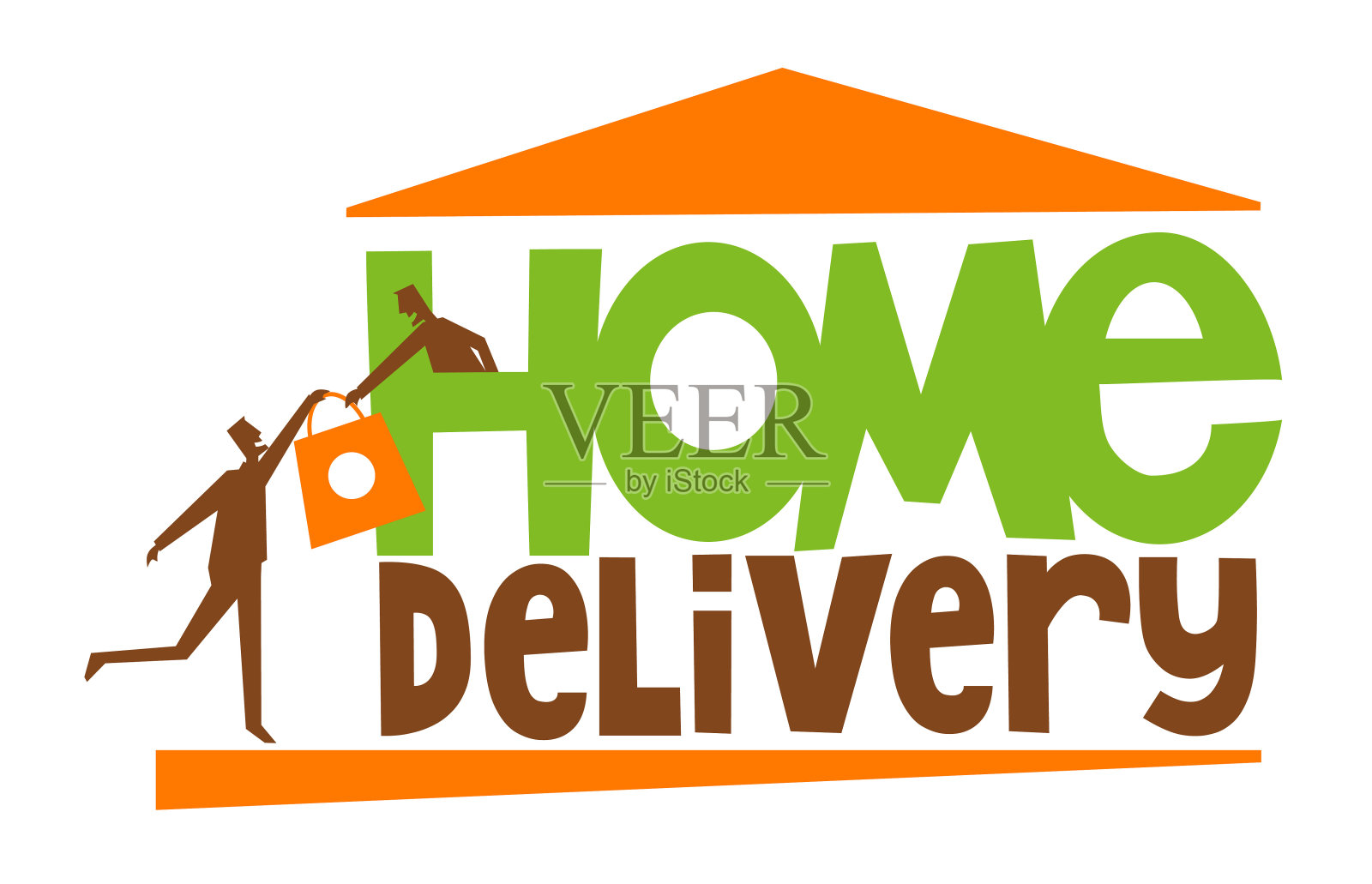 送货上门排版，送货员给家里的人送食物或杂货插画图片素材