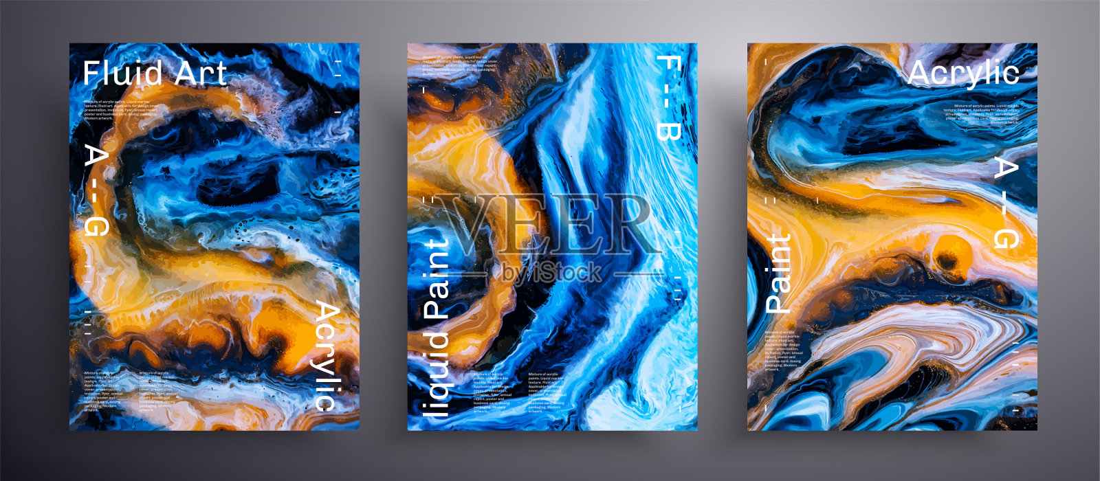 抽象矢量标语牌，流体艺术封面的纹理集。美丽的背景，可用于设计封面，邀请，传单等。橙色，蓝色，黑色和白色创意彩虹艺术品。插画图片素材