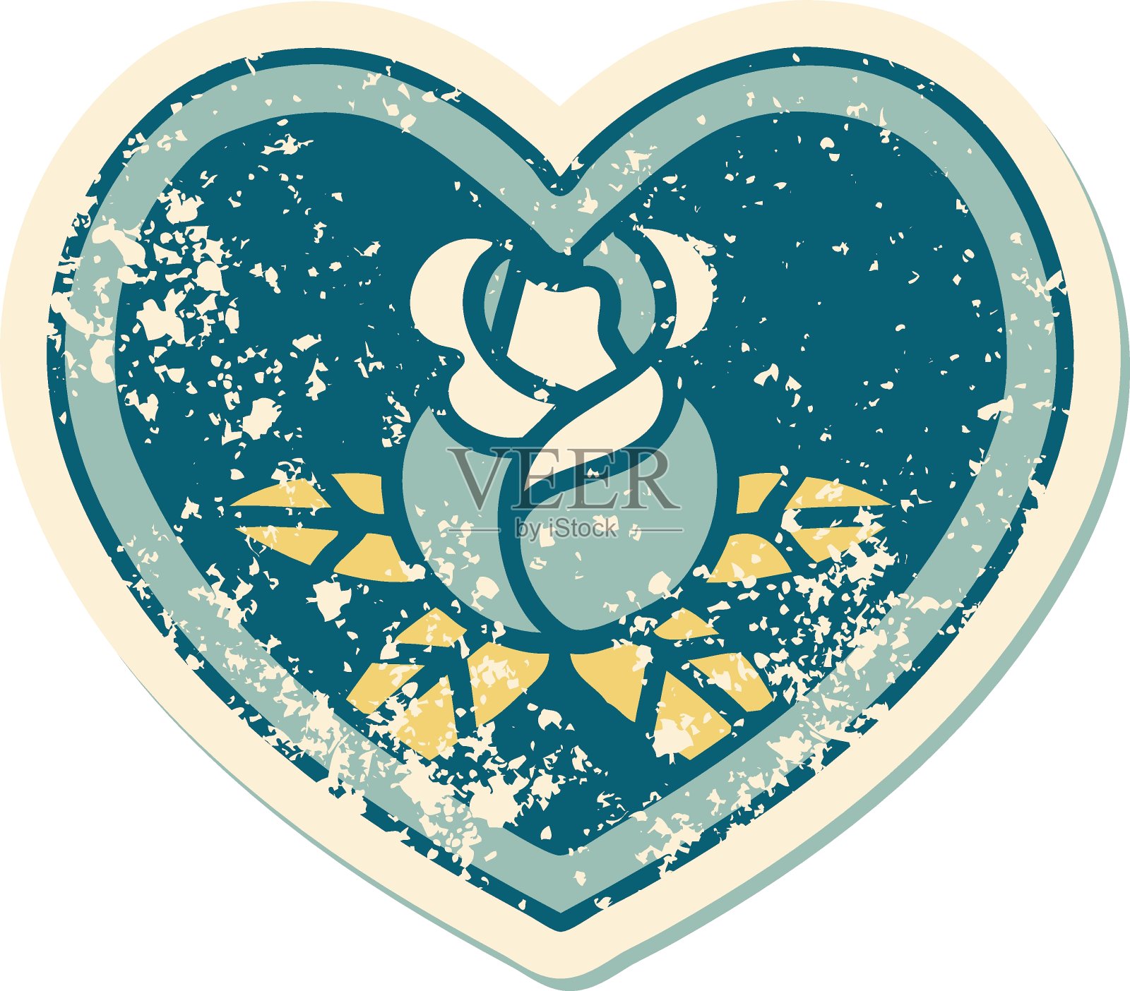 心疼贴纸纹身风格的心和花的图标插画图片素材