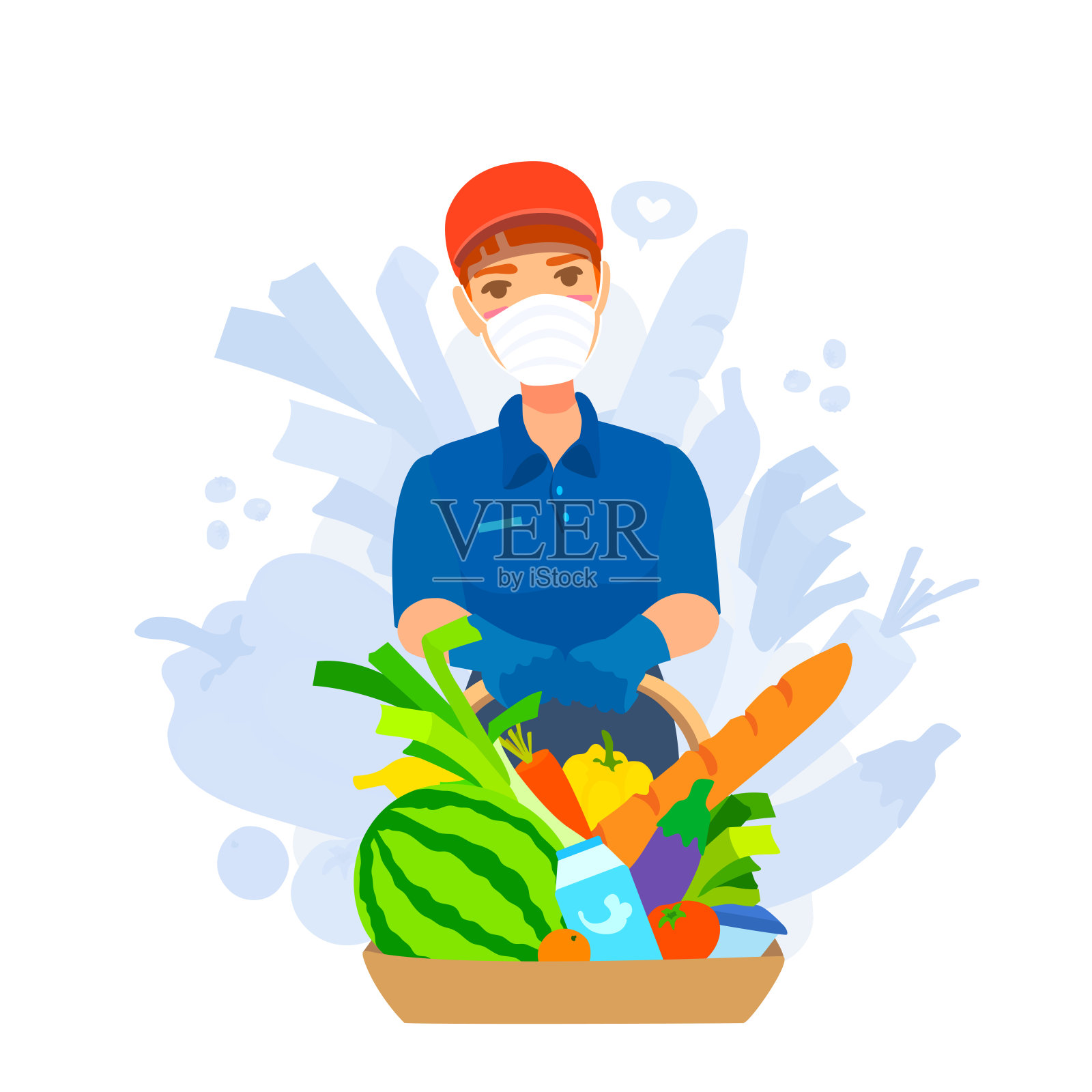 送餐员拿着满满一篮新鲜食物。店员戴口罩、手套。冠状病毒感染下的防护措施。插画图片素材