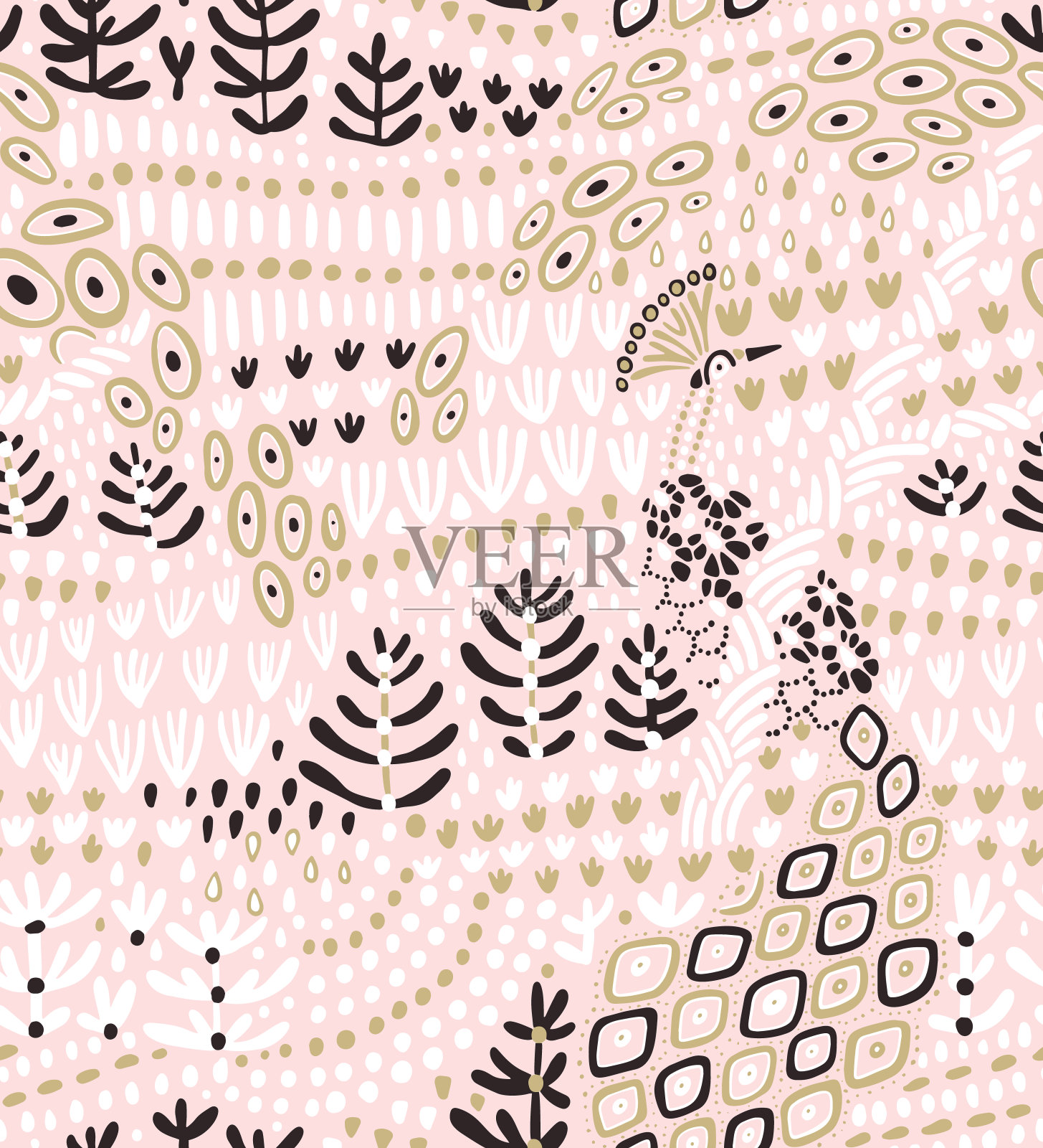 花卉无缝模式。涂鸦风格。由植物构成的园林景观。草本，树木和花卉。插画图片素材