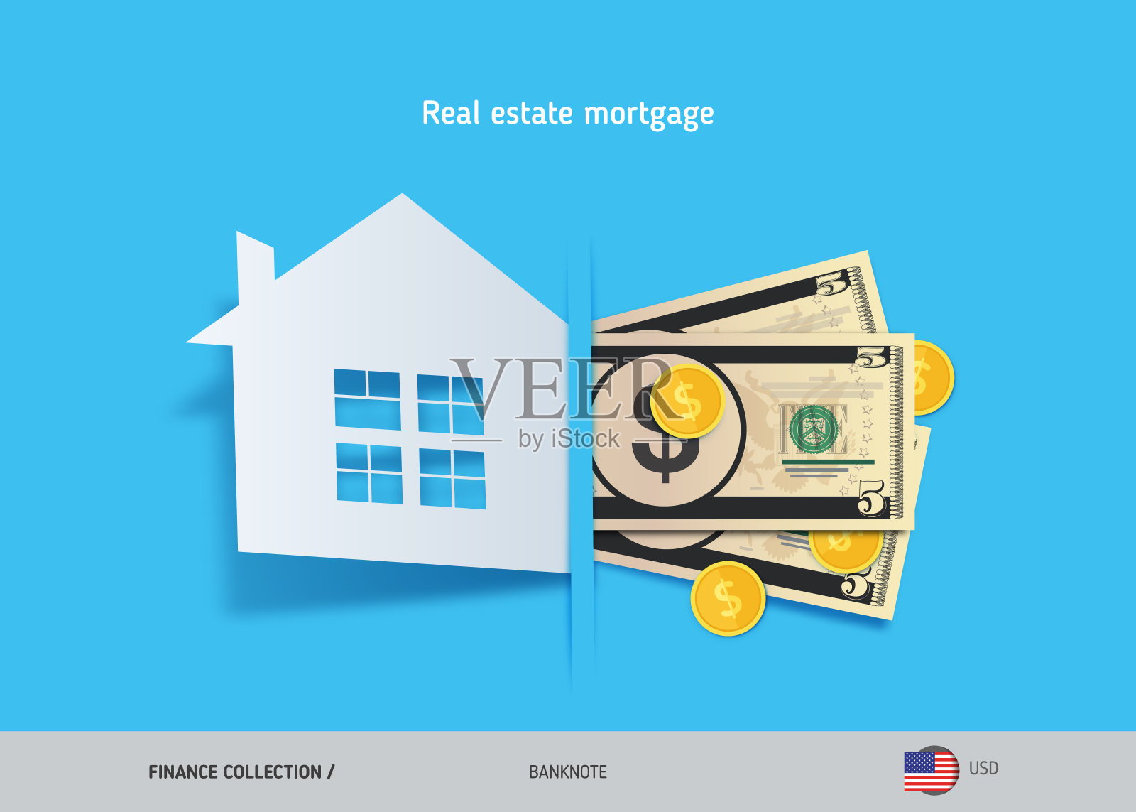 房地产抵押概念。5美元纸币和金币。平面风格矢量插图。设计元素图片
