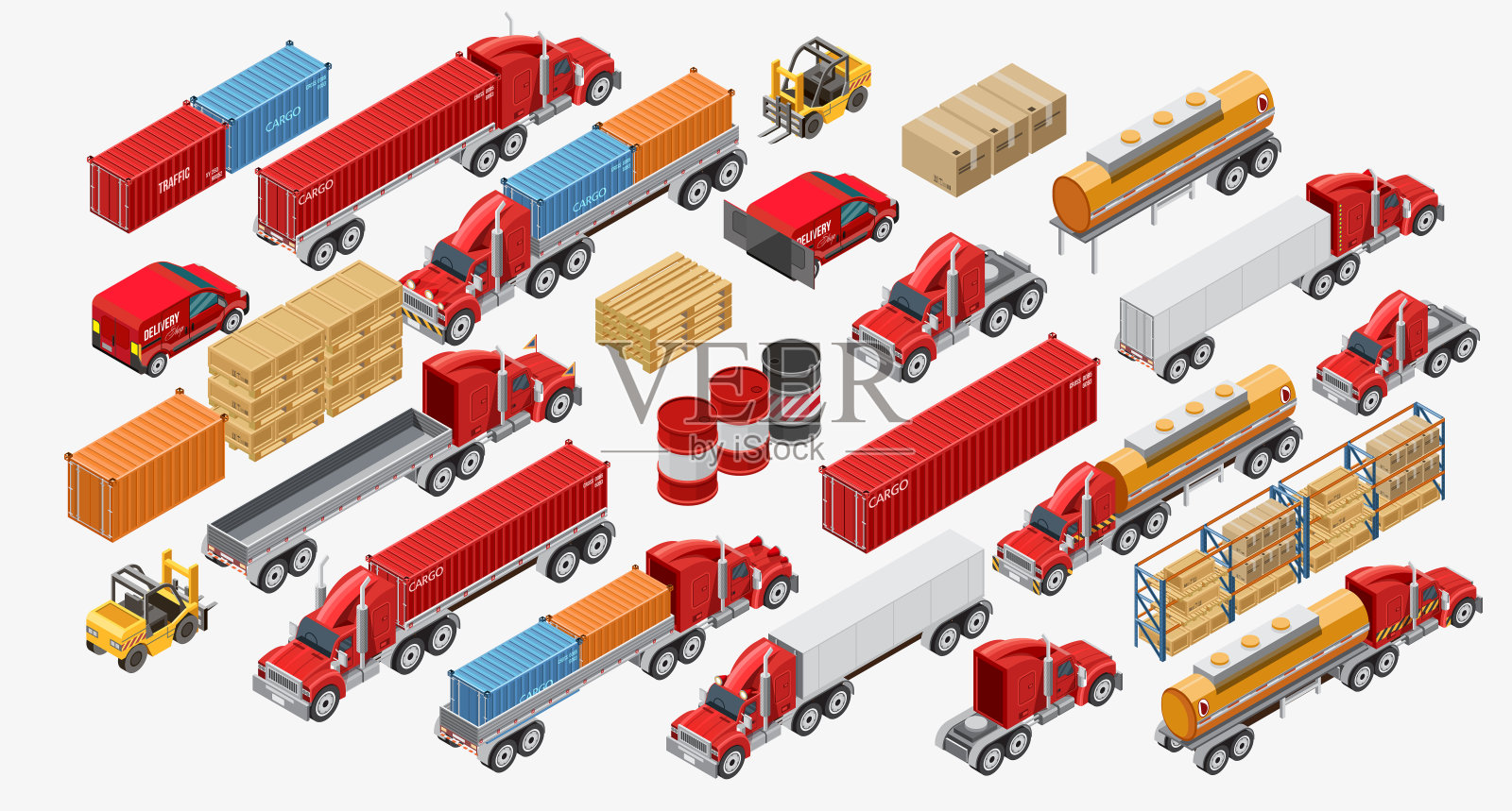 一套货运卡车和货物插画图片素材