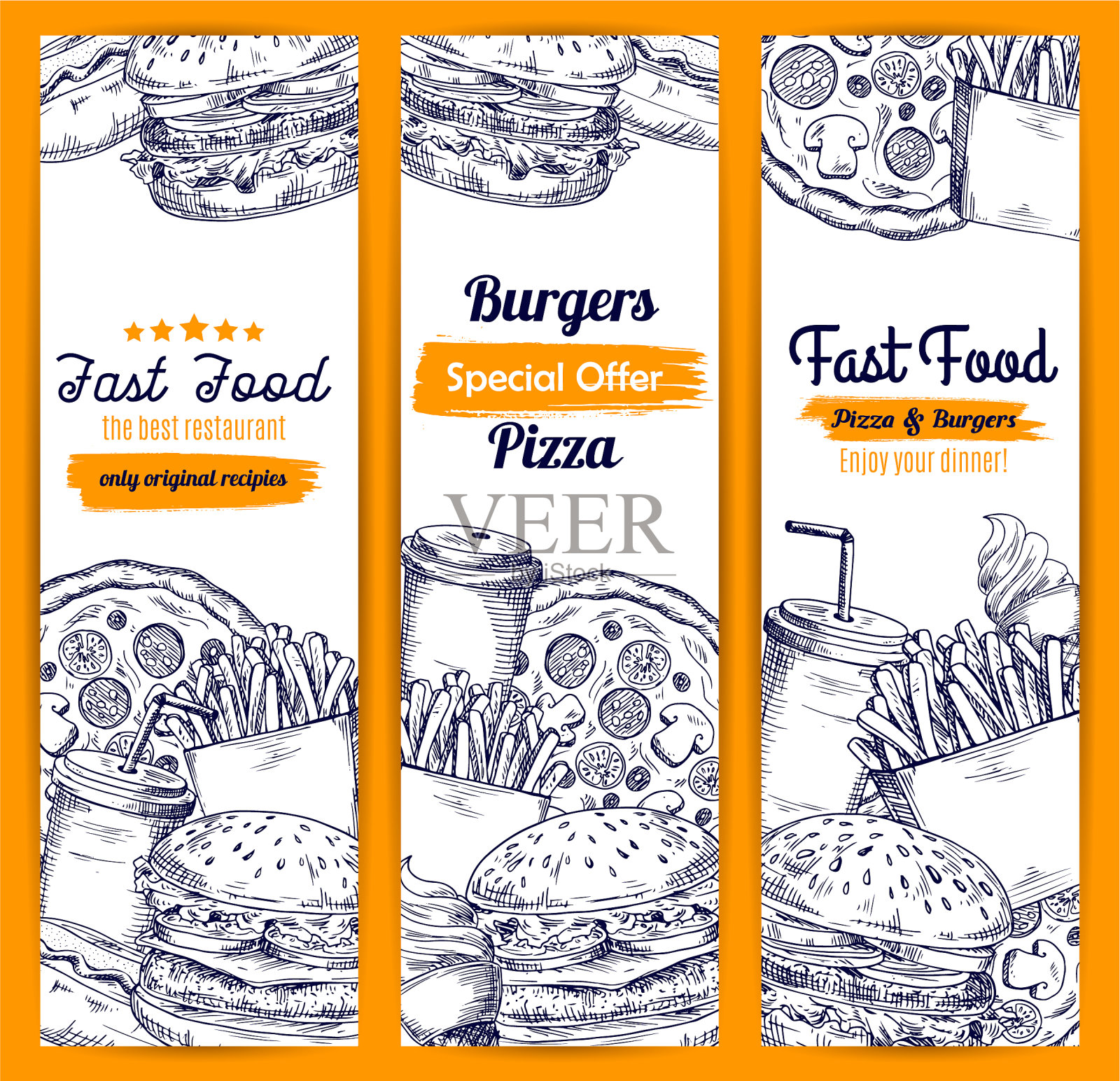 快餐速写横幅设置插画图片素材