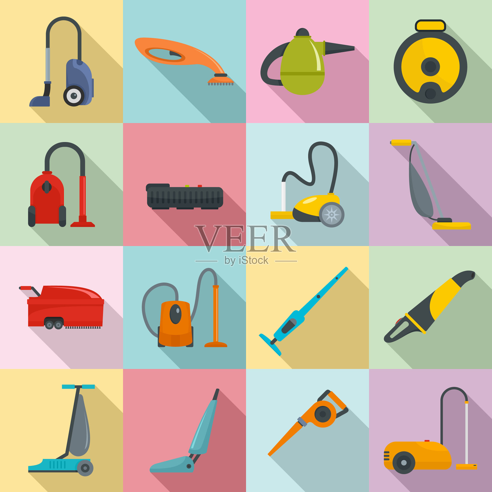 吸尘器清洗图标设置扁平风格图标素材