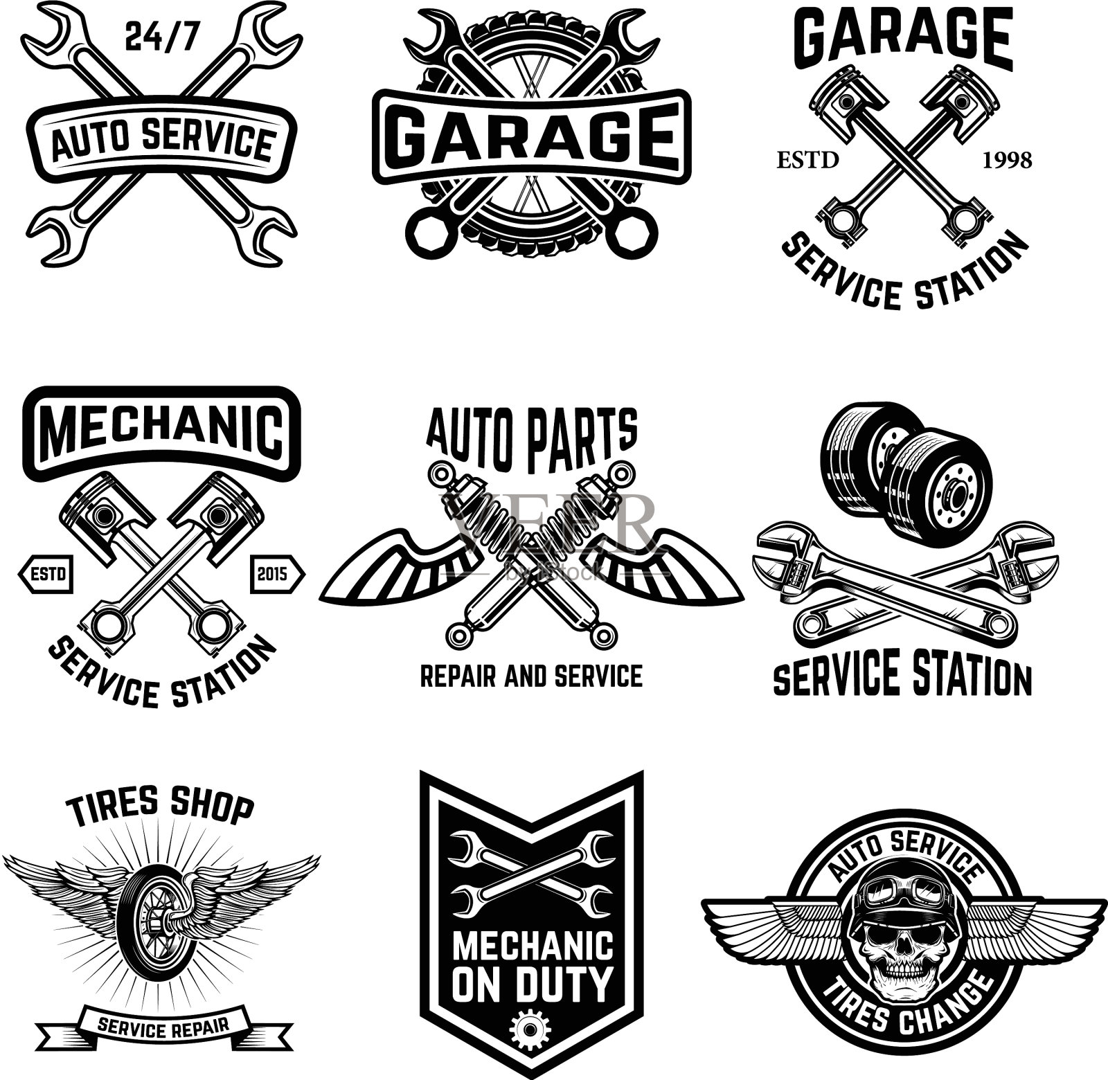 一套汽车服务标志，加油站自动图标素材