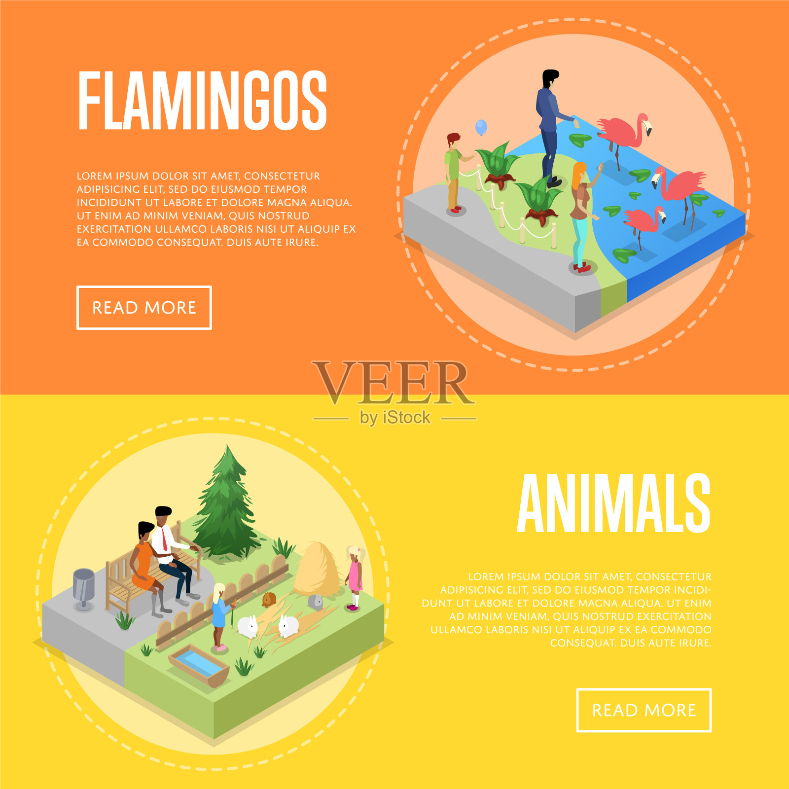 公共动物园等距3d海报集插画图片素材