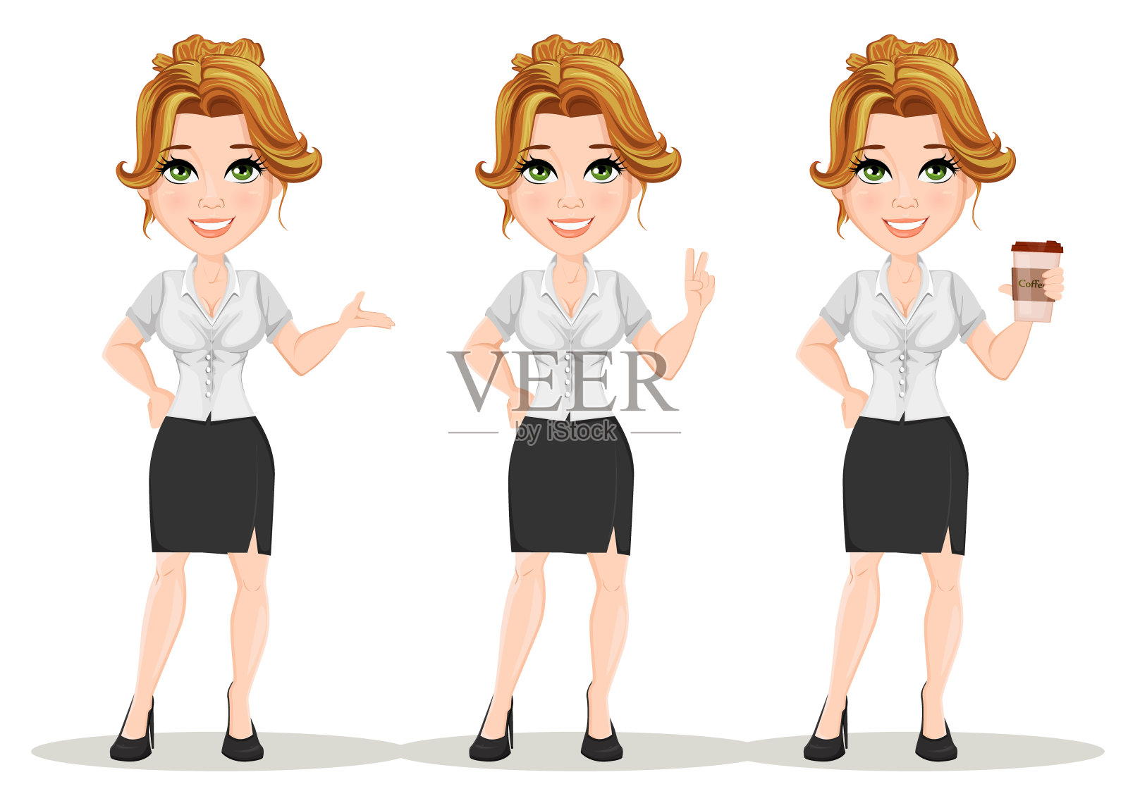 年轻的卡通女商人设置美丽的微笑插画图片素材