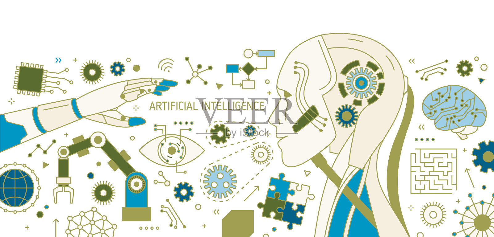 带有机器人手臂的水平横幅设计元素图片