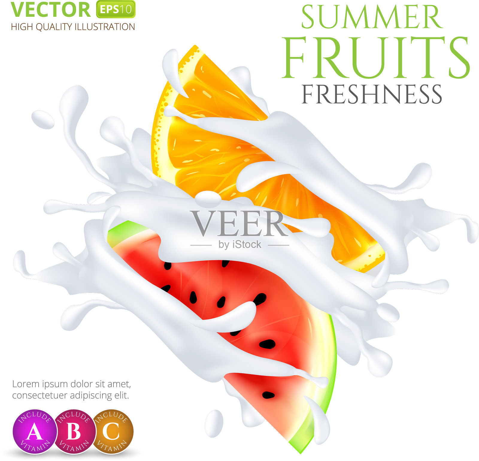 西瓜和橙子片掉在牛奶里或者插画图片素材