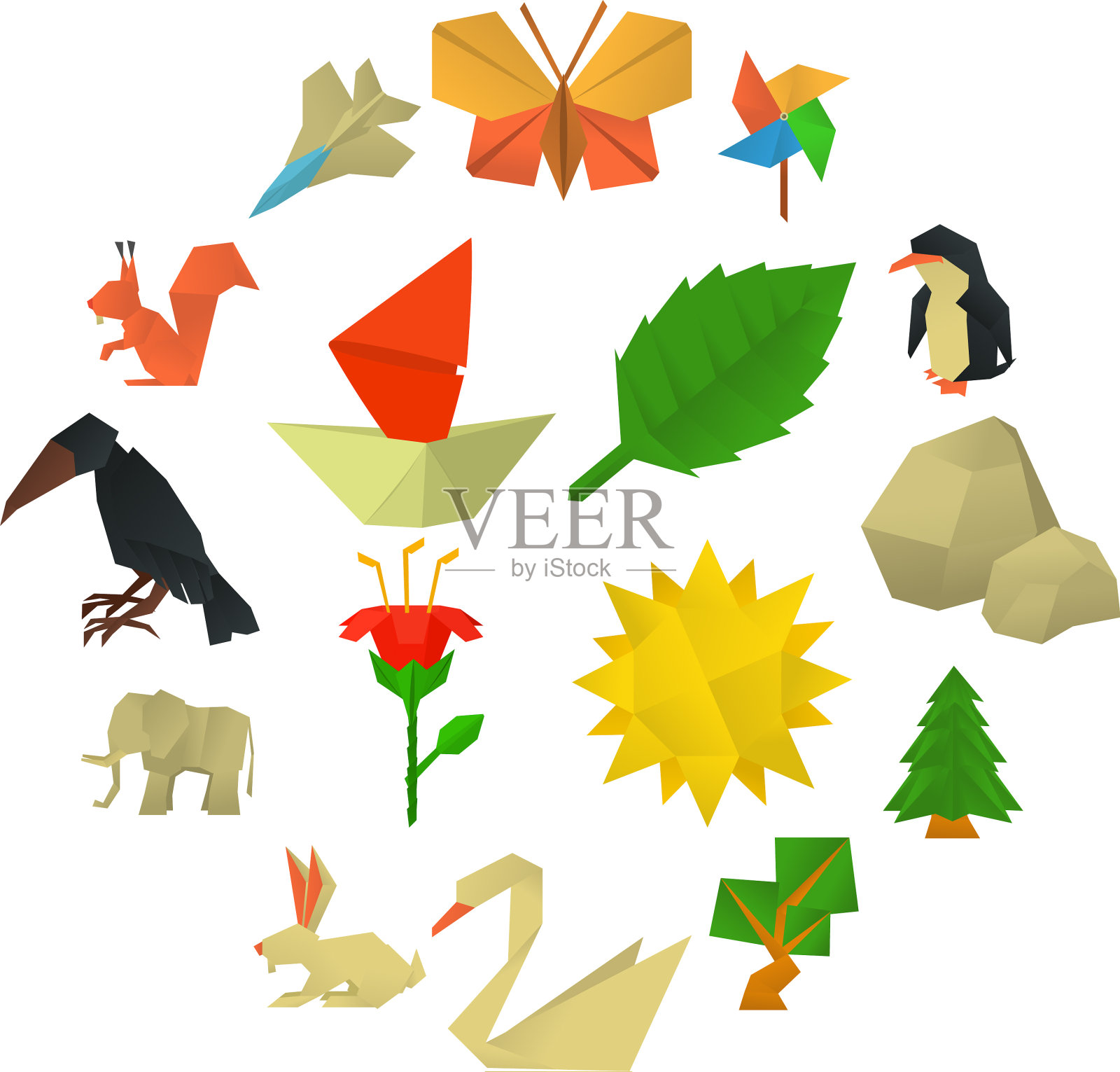 折纸工艺图标设置卡通风格图标素材