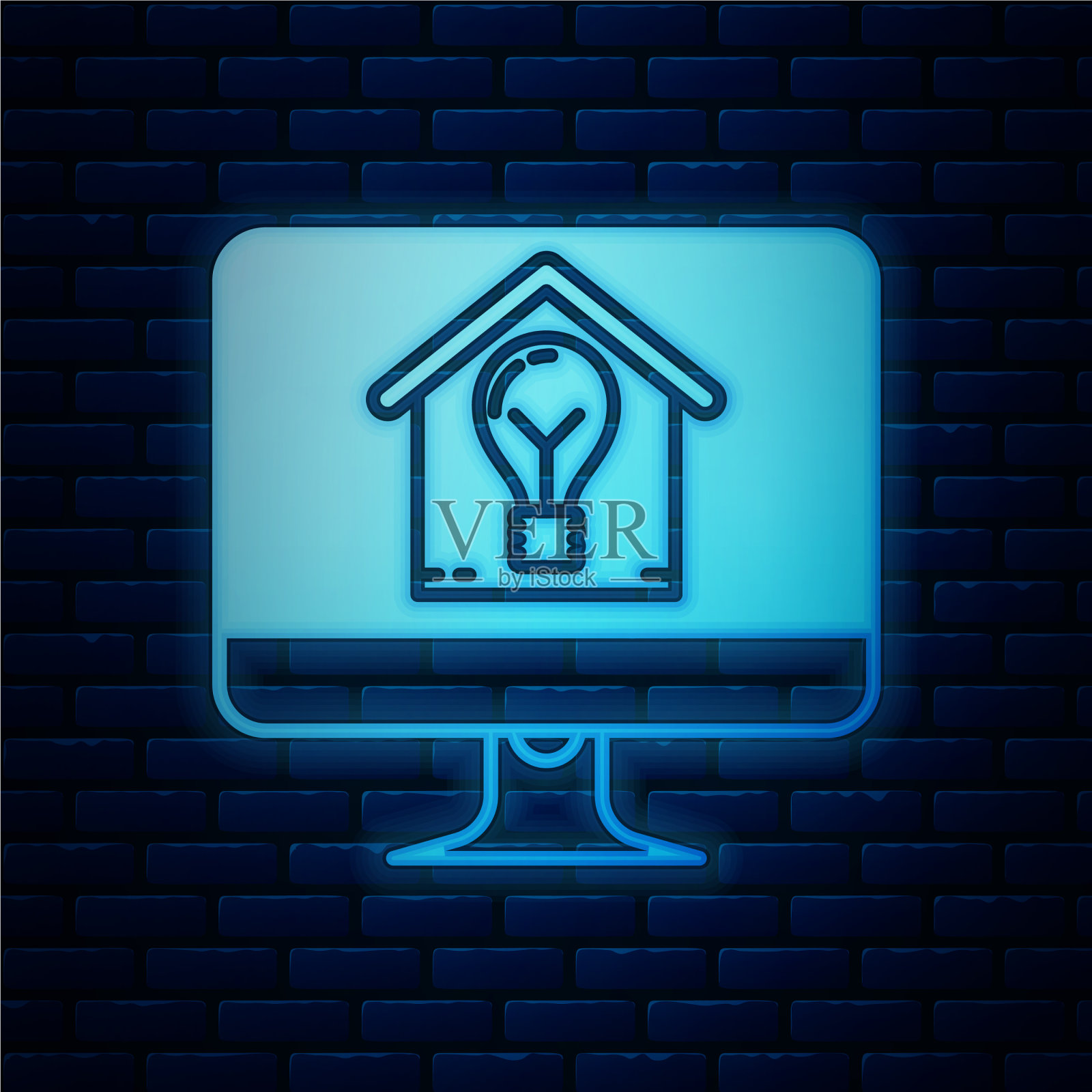 发光的霓虹灯电脑显示器与智能房子和插画图片素材