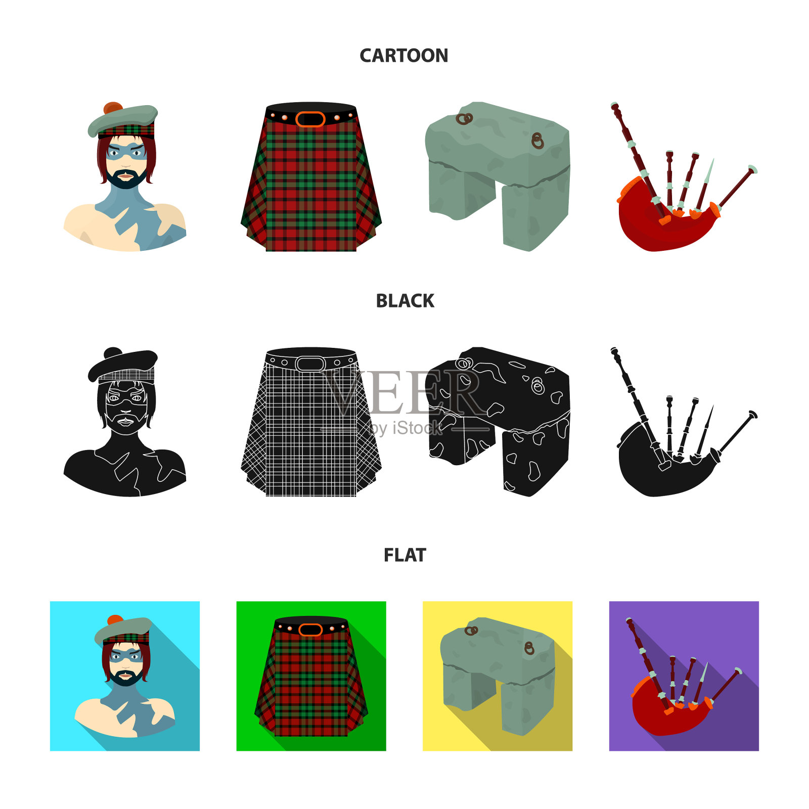 苏格兰高地的维京格子呢短裙插画图片素材