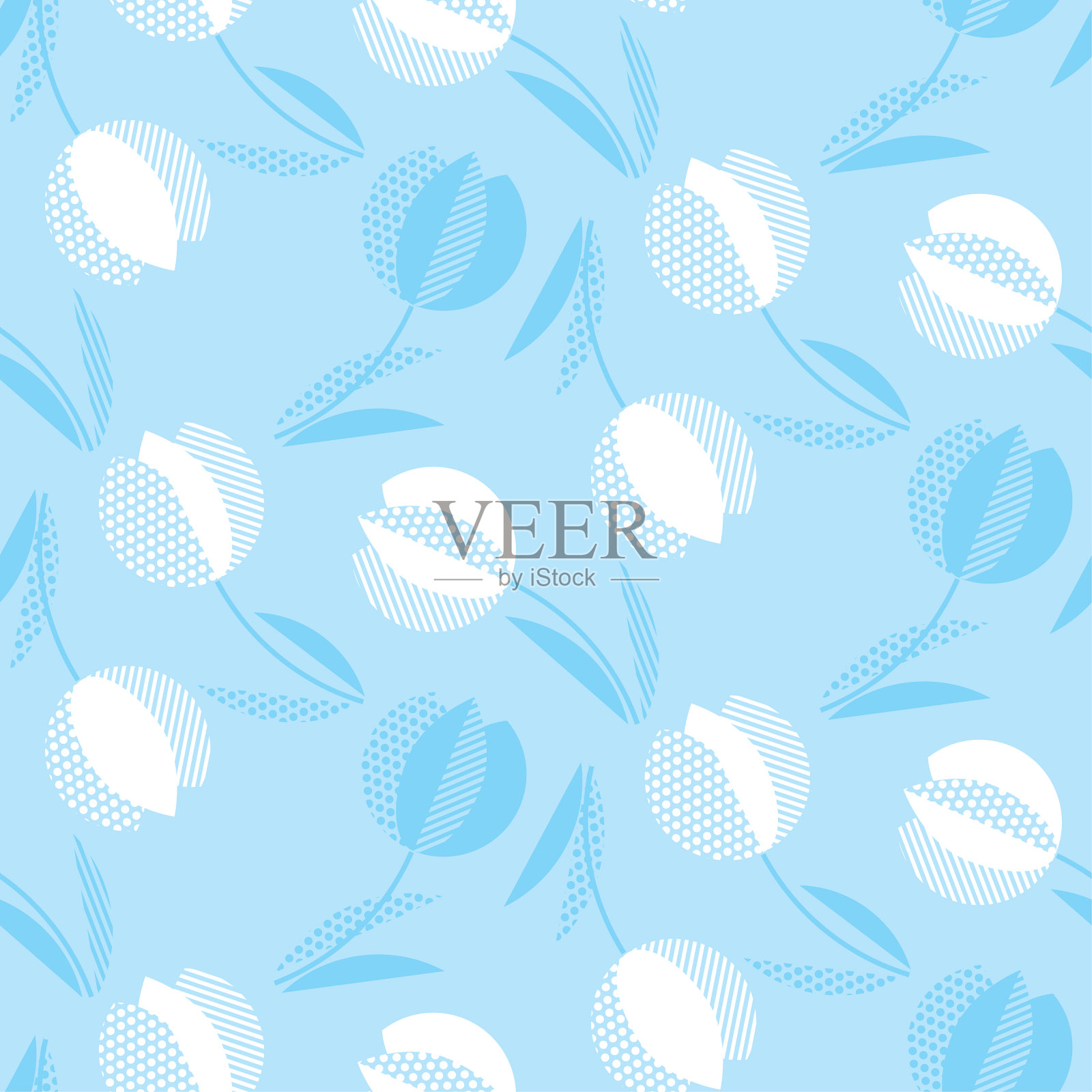 蓝色荷兰风格郁金香花无缝图案插画图片素材