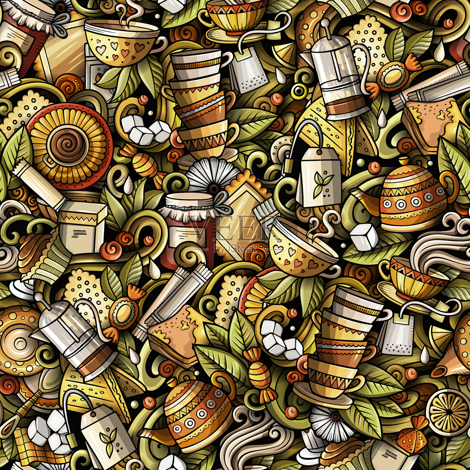 卡通可爱涂鸦手绘茶馆无缝插画图片素材