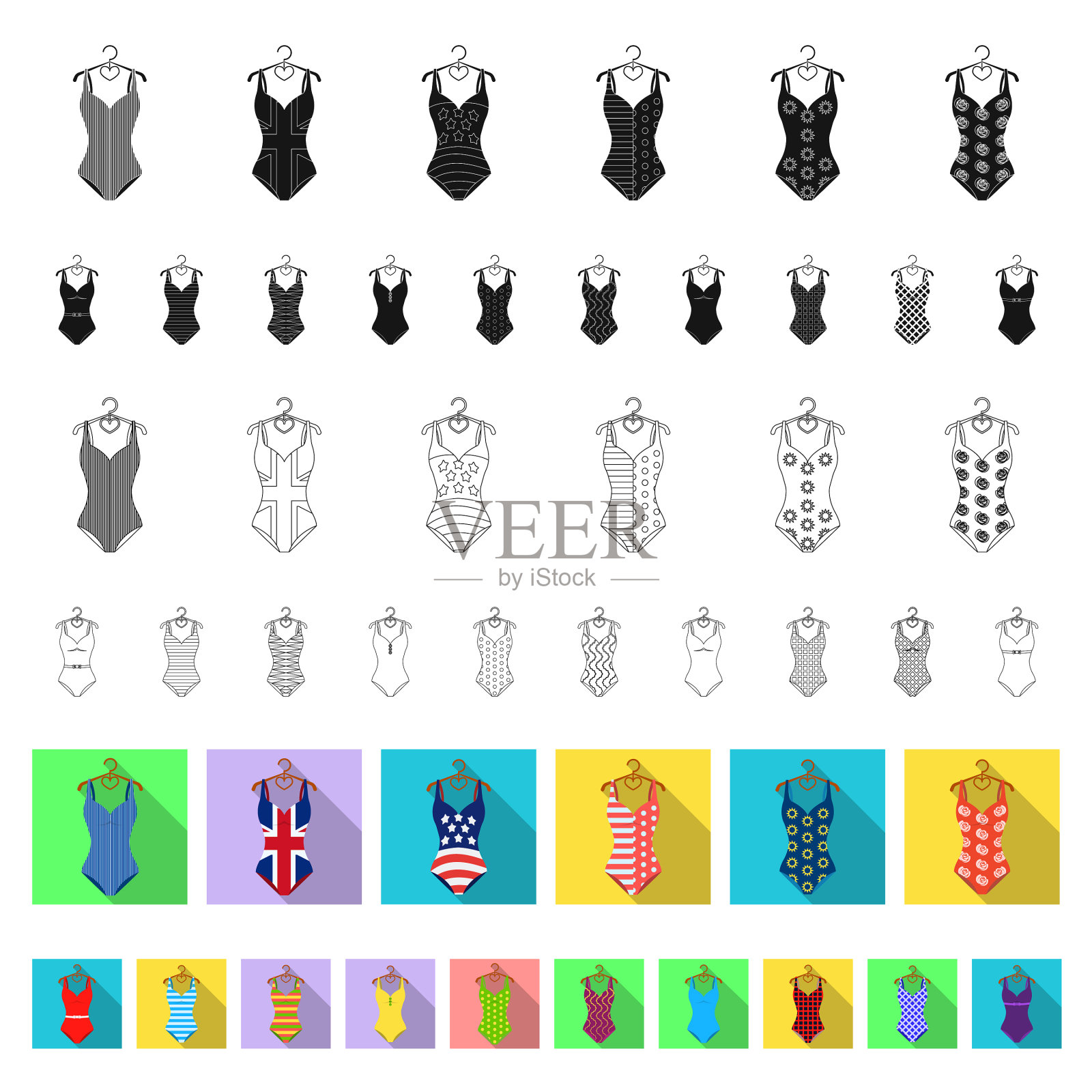 不同类型的泳衣平图标设置图标素材