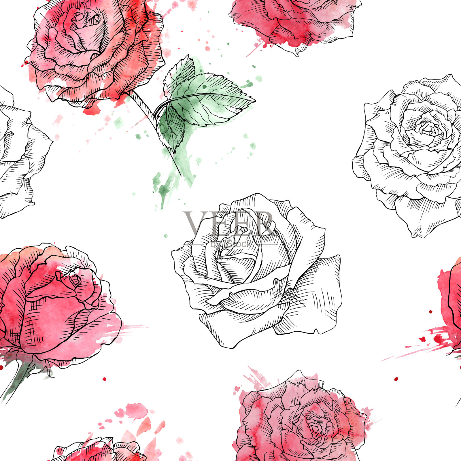 红玫瑰无缝水彩图案插画图片素材