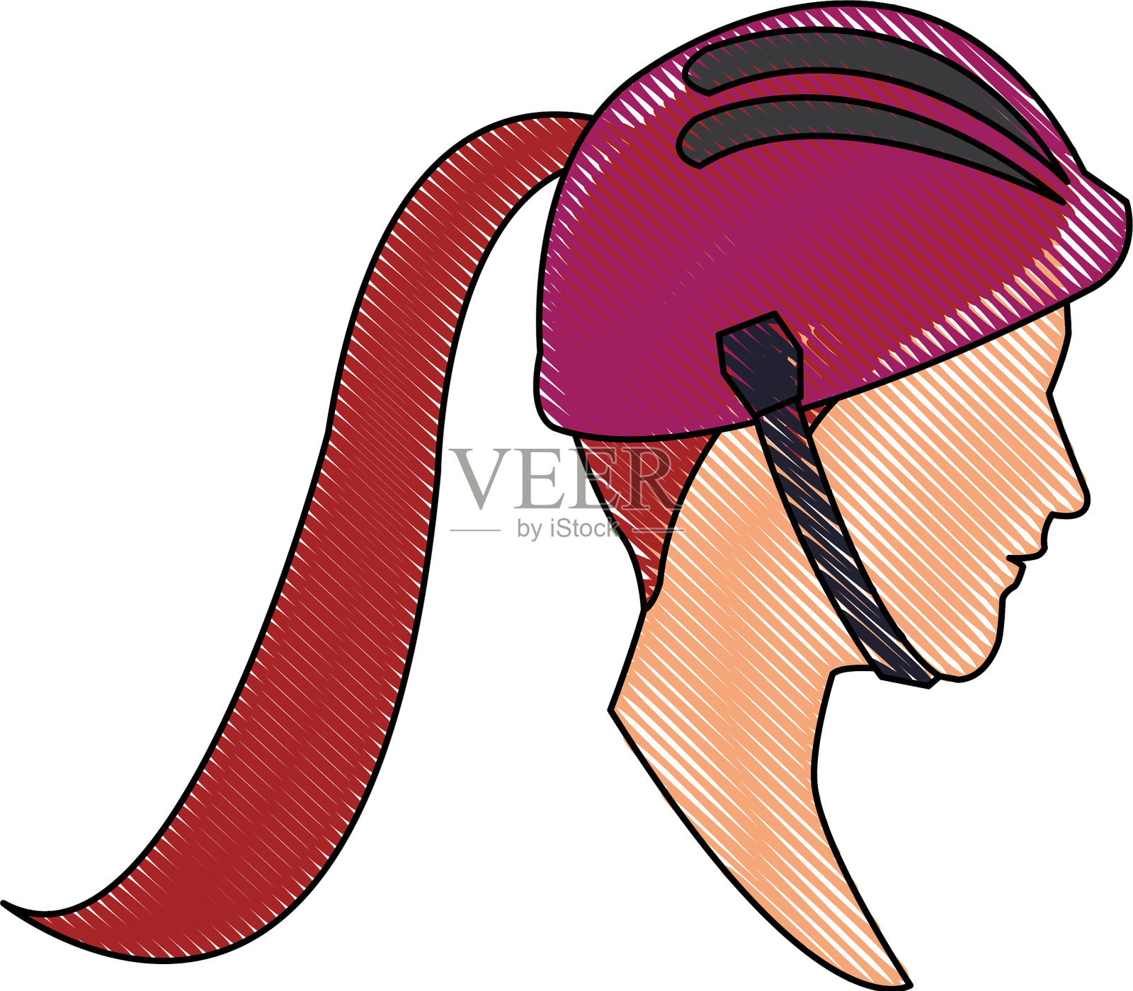 画着头部轮廓年轻女子扎着马尾辫插画图片素材