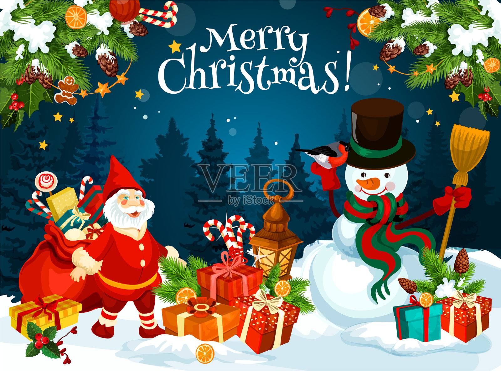 雪人和小矮人带着圣诞礼物插画图片素材