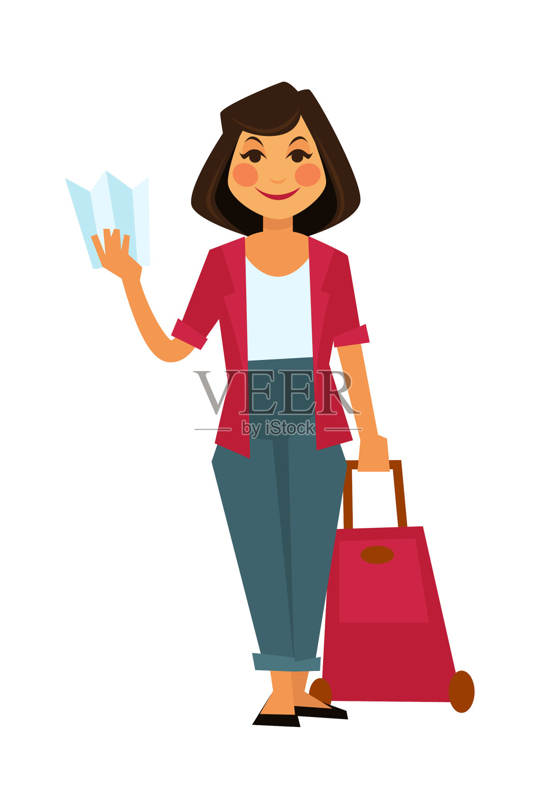 女游客拿着旅行袋和地图设计元素图片