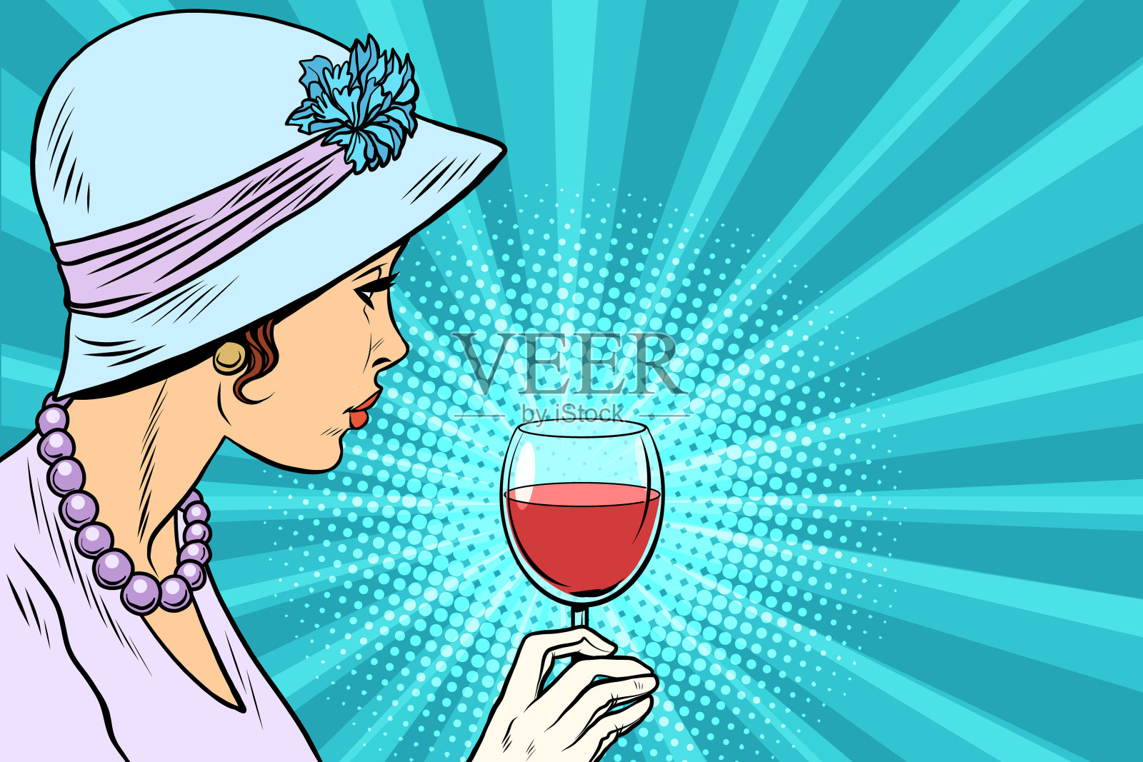 复古女郎，喝杯酒插画图片素材