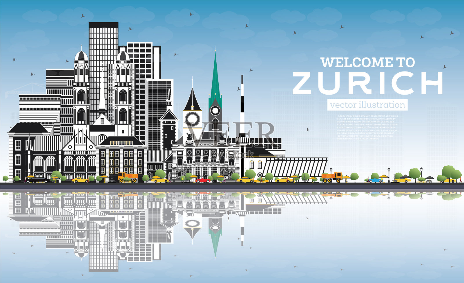 欢迎来到苏黎世瑞士的灰色天际线插画图片素材