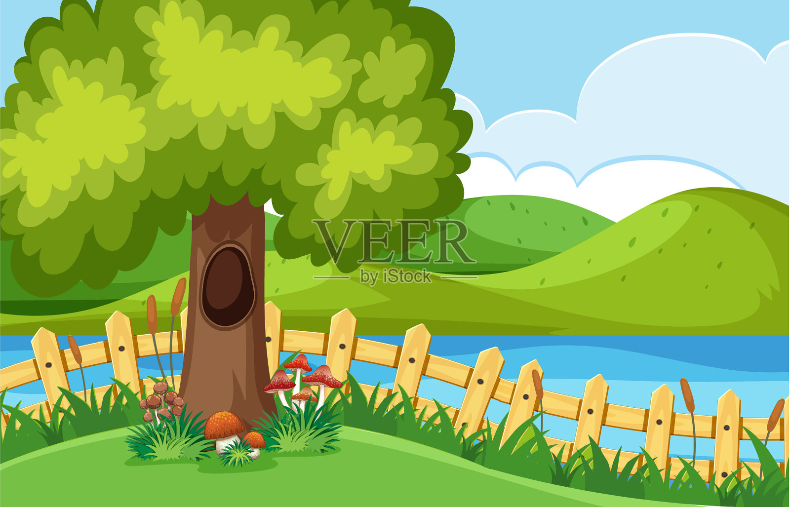 公园里有河流和山脉插画图片素材