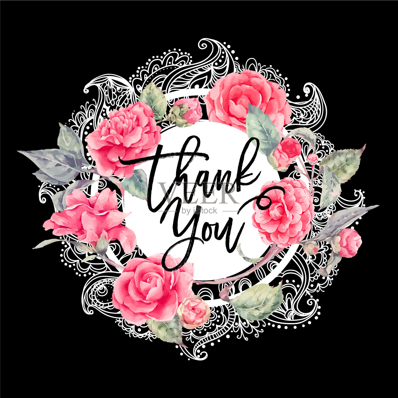 用山茶花装饰的花边花环插画图片素材