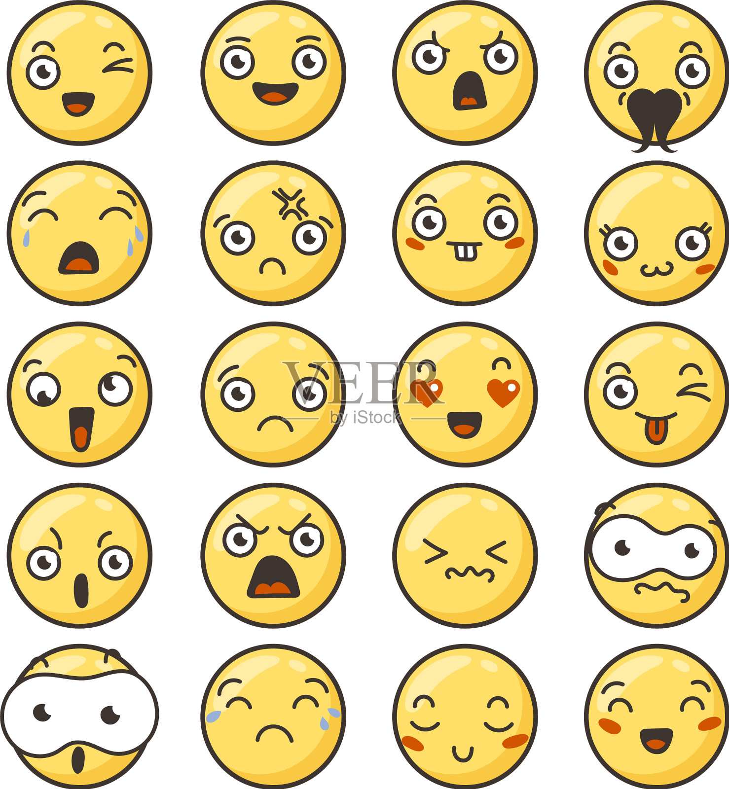 一套可爱可爱的卡哇伊表情符号图标素材