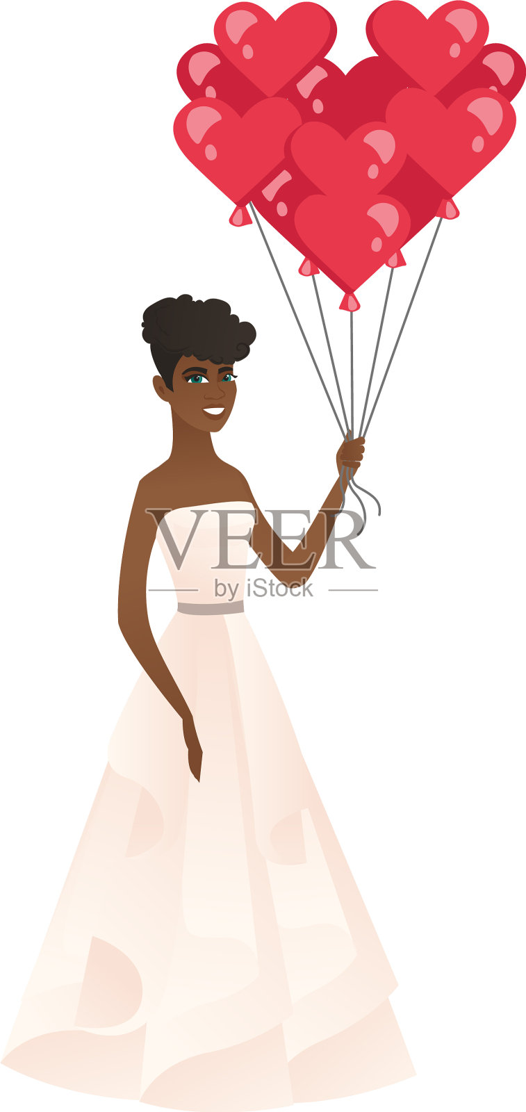 新娘戴着一束心形的红色气球插画图片素材