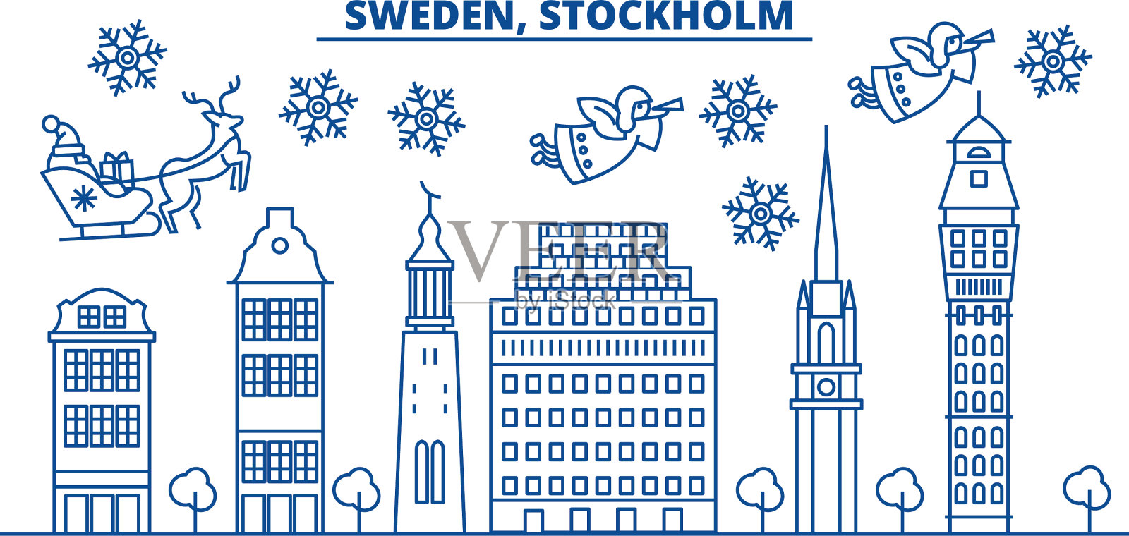 瑞典斯德哥尔摩冬季城市天际线欢快插画图片素材