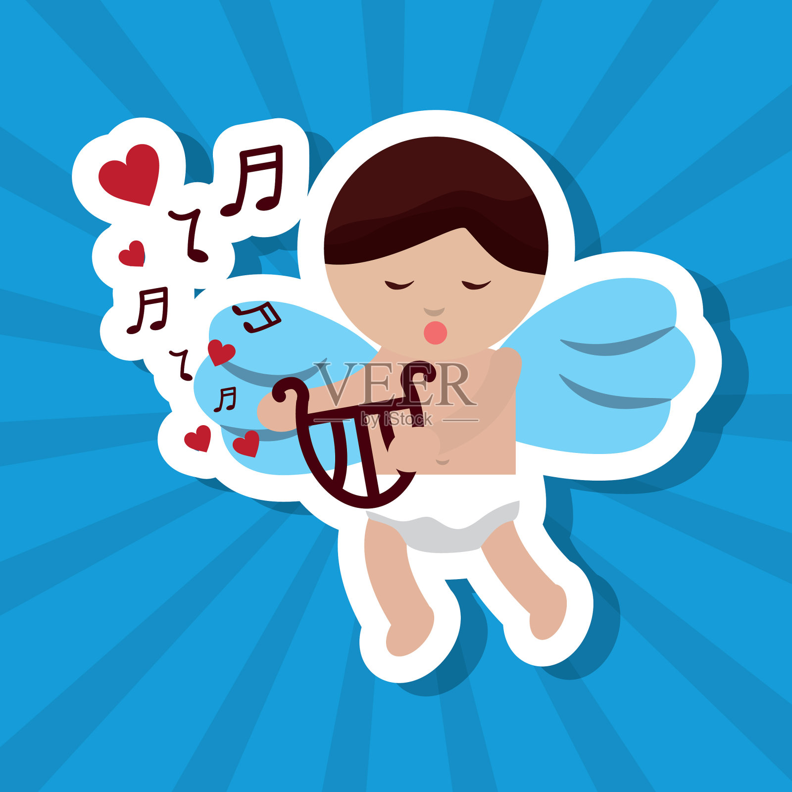 可爱的丘比特爱拿着竖琴音乐插画图片素材