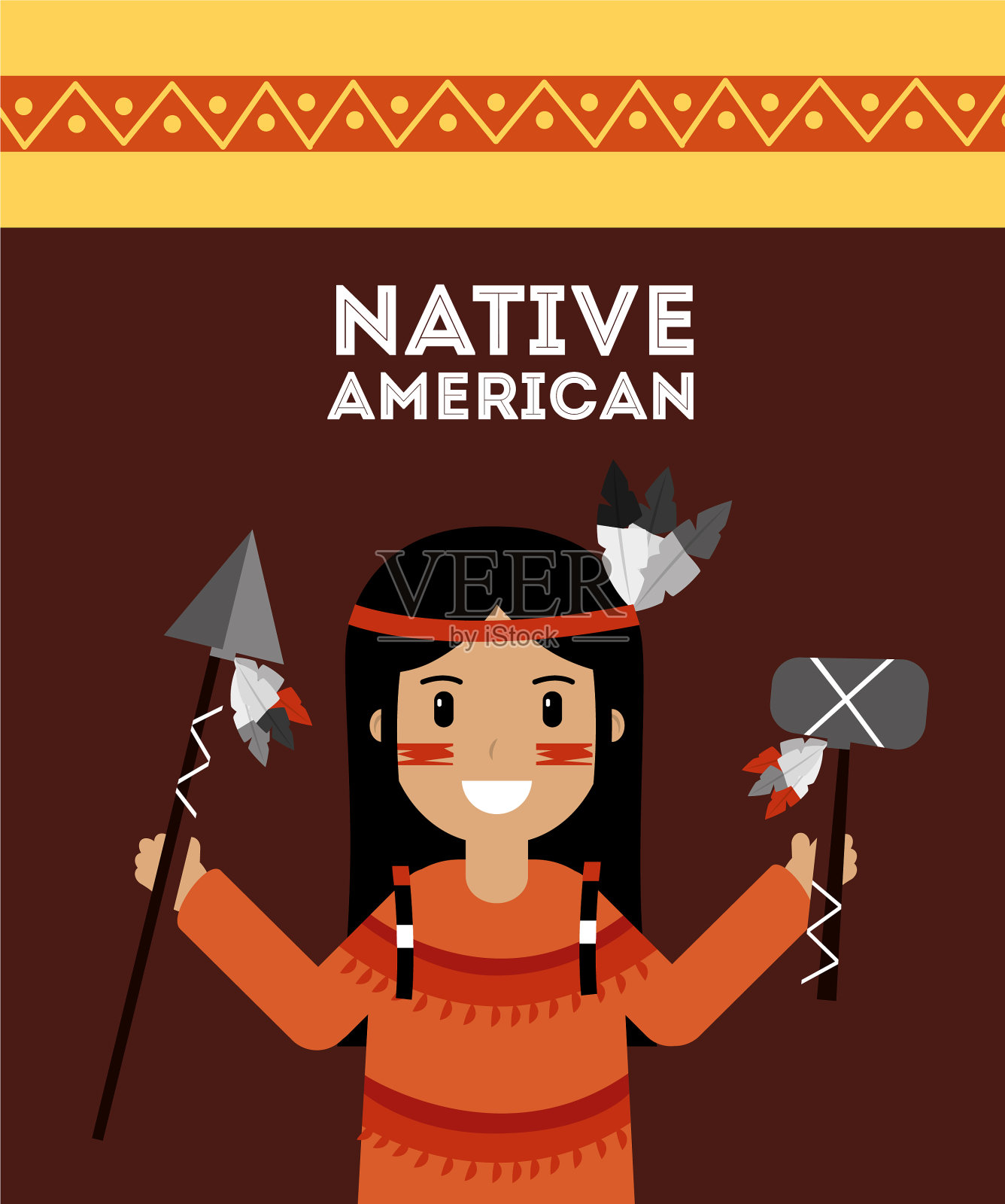 手持长矛和战斧的印第安土著插画图片素材