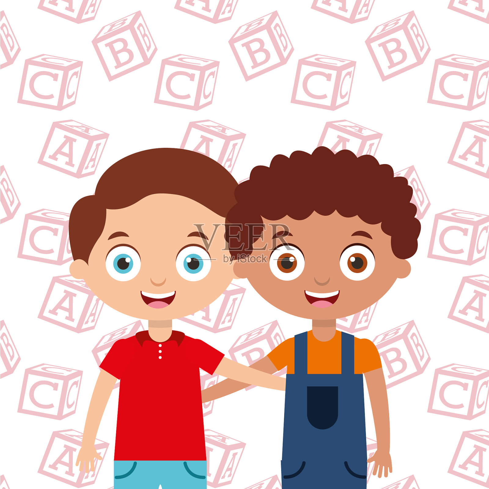 男孩微笑着拥抱快乐的孩子最好的朋友插画图片素材