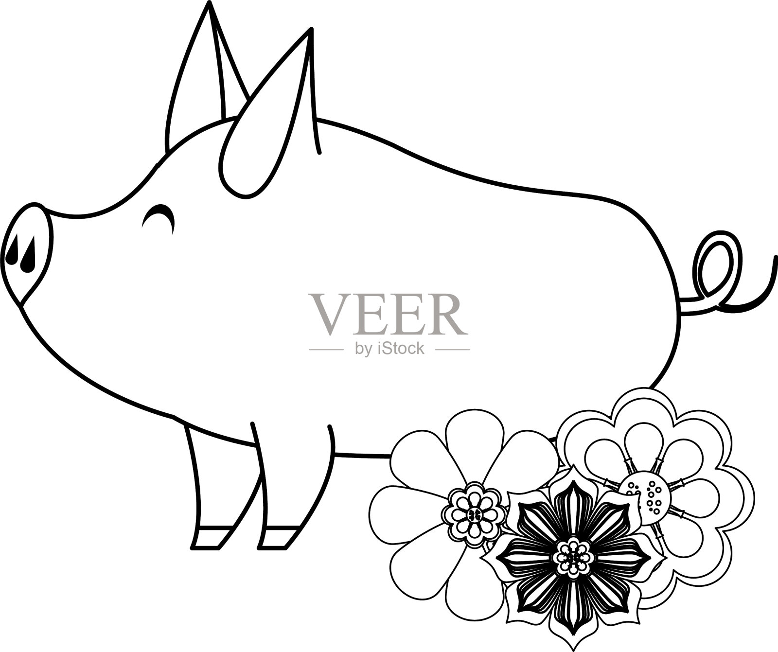 可爱的动物猪农场黑白卡通插画图片素材