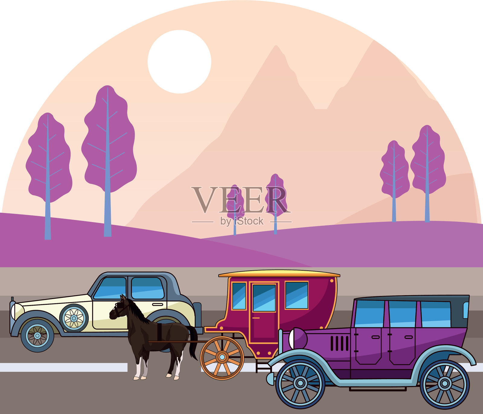 经典汽车和马车插画图片素材
