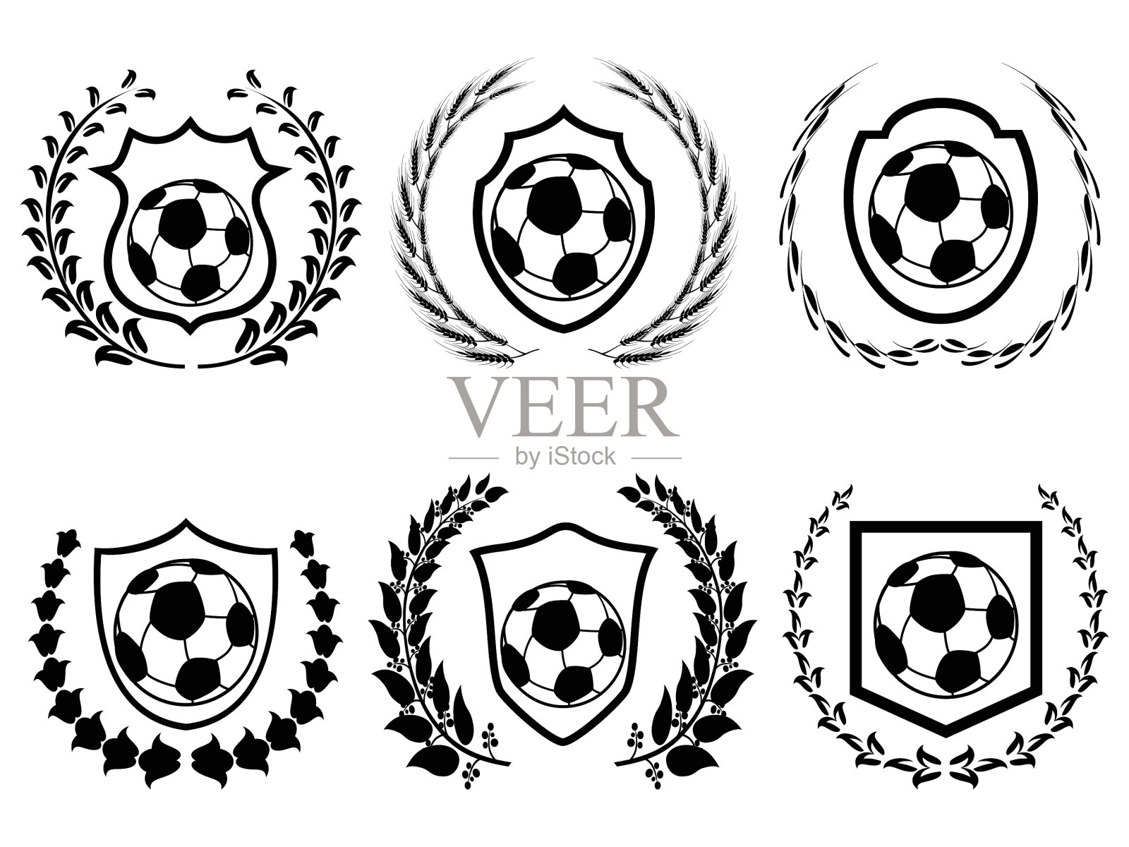 足球盾牌与月桂花环图标集图标素材