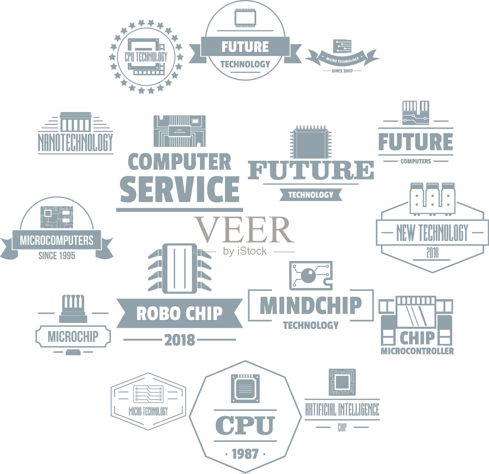 未来的电脑标志图标设置简单的风格图标素材