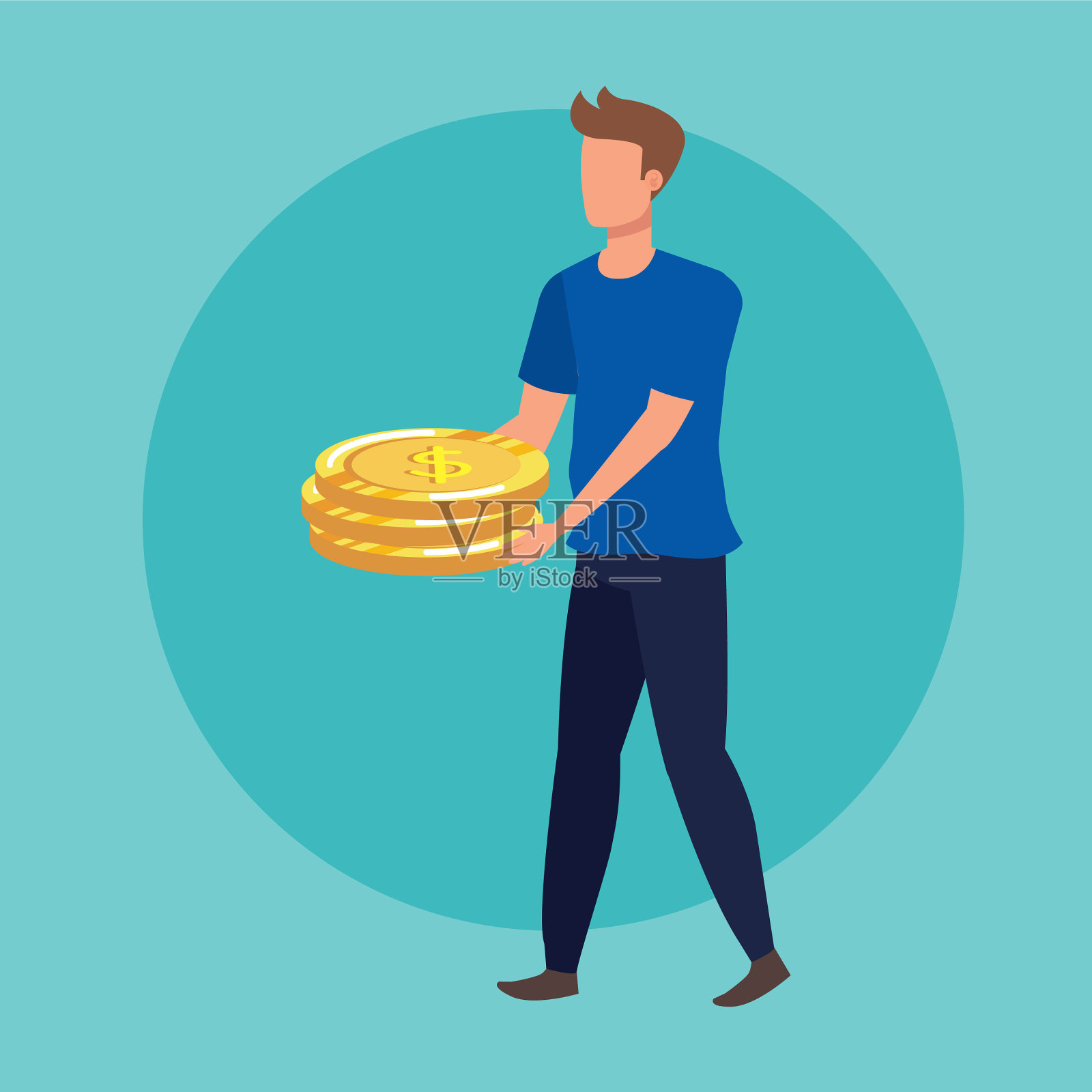 年轻而随意的男人有硬币钱插画图片素材